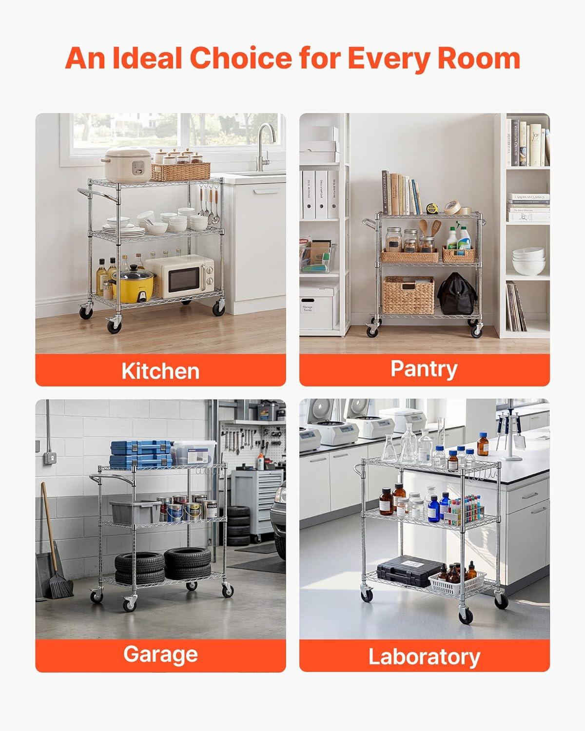 image:imageVEVOR Kitchen Utility Cart 3 Tier Heavy Duty Adjustable Wire Storage Rack Commercial Steel Rolling Service Trolley on Wheels Work Table with Handle Bar for Garage and Laundry Room 40x25x409 in178d X 35w X 409h Upgraded