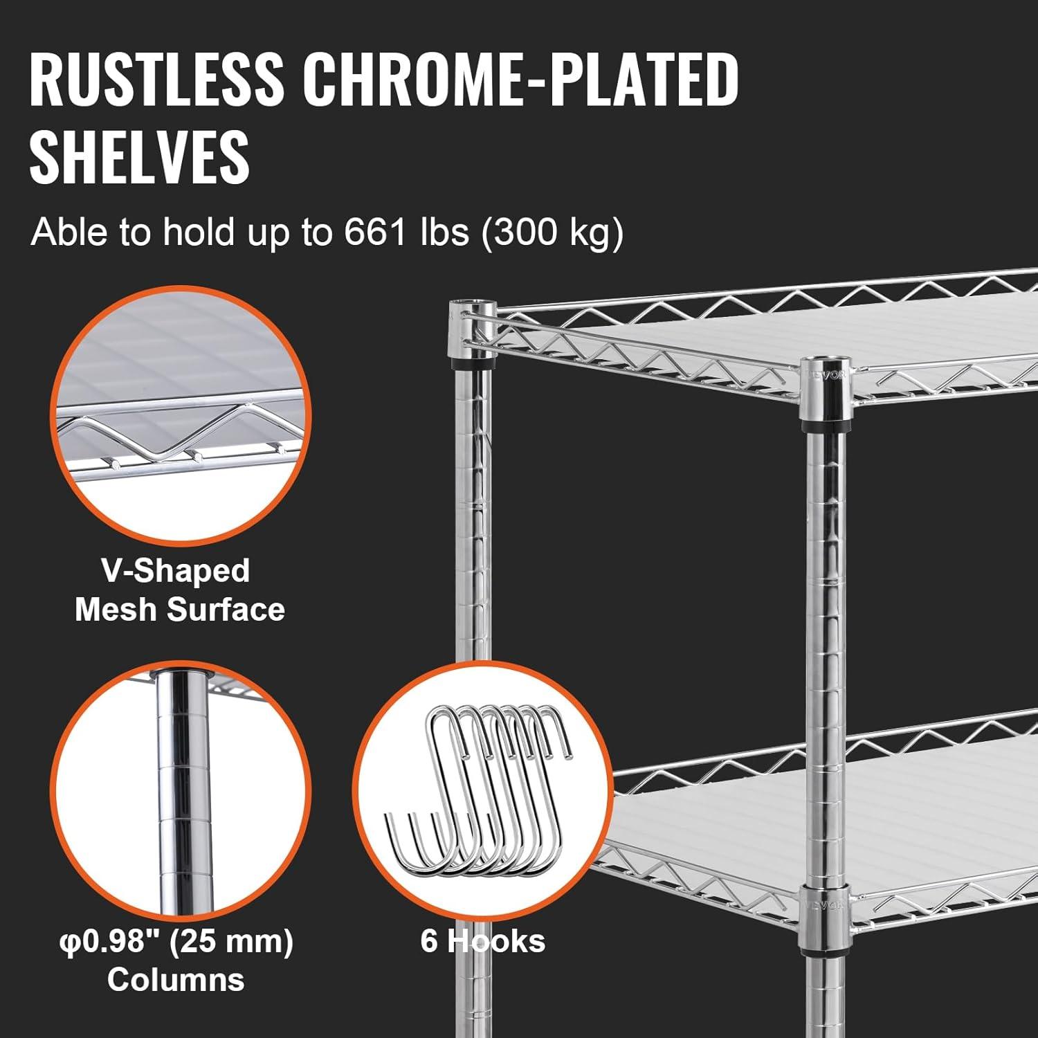 image:imageVEVOR Kitchen Utility Cart 3 Tier Heavy Duty Adjustable Wire Storage Rack Commercial Steel Rolling Service Trolley on Wheels Work Table with Handle Bar for Garage and Laundry Room 40x25x409 in18d X 35w X 409h