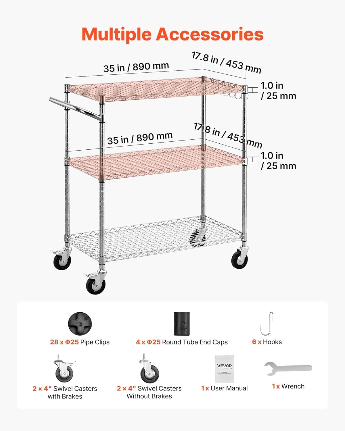 image:imageVEVOR Kitchen Utility Cart 3 Tier Heavy Duty Adjustable Wire Storage Rack Commercial Steel Rolling Service Trolley on Wheels Work Table with Handle Bar for Garage and Laundry Room 40x25x409 in178d X 35w X 409h Upgraded
