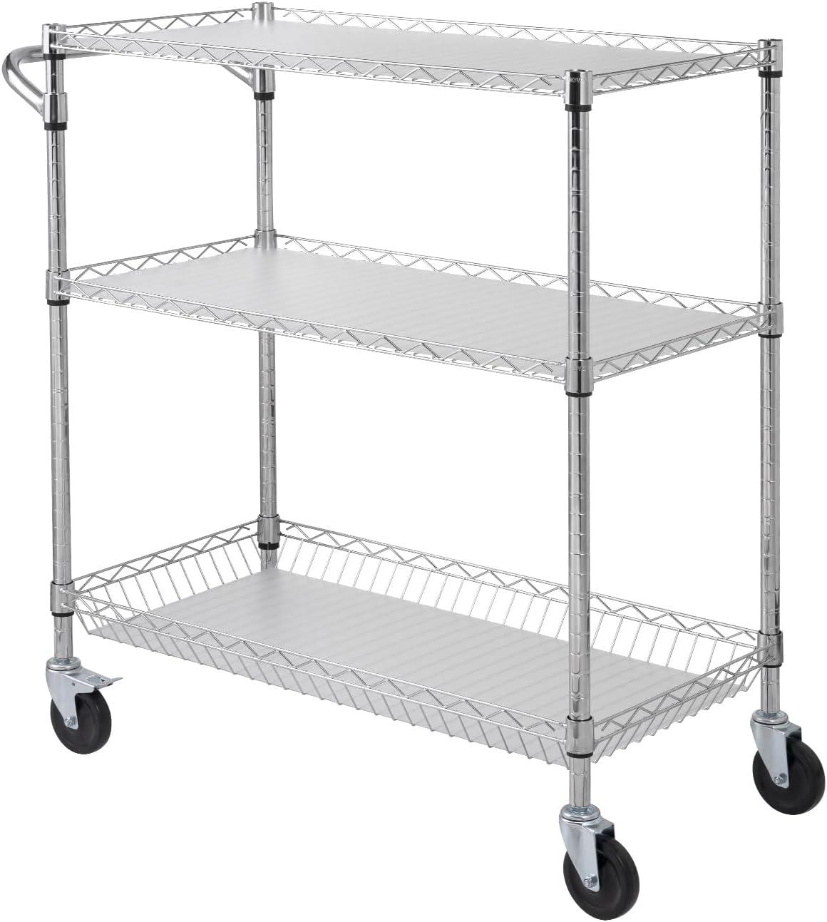 image:imageVEVOR Kitchen Utility Cart 3 Tier Heavy Duty Adjustable Wire Storage Rack Commercial Steel Rolling Service Trolley on Wheels Work Table with Handle Bar for Garage and Laundry Room 40x25x409 in18d X 35w X 409h