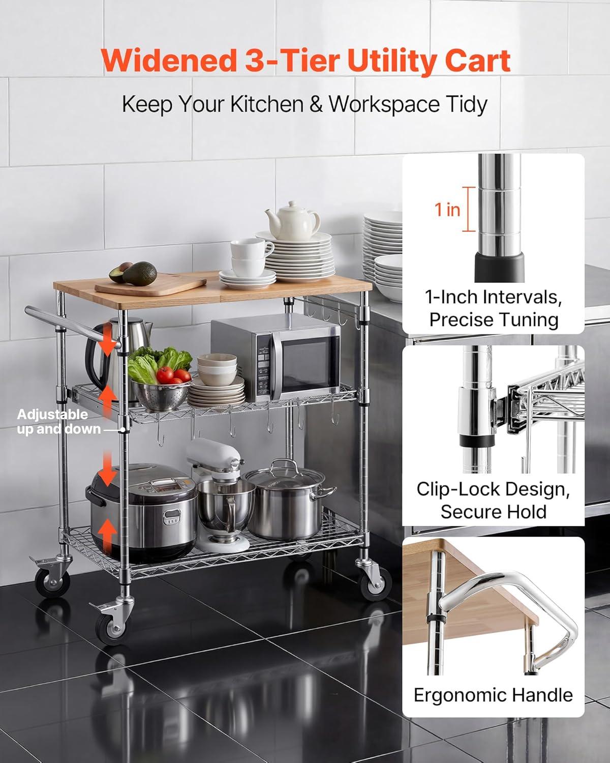 image:imageVEVOR Kitchen Utility Cart 3 Tier Heavy Duty Adjustable Wire Storage Rack Commercial Steel Rolling Service Trolley on Wheels Work Table with Handle Bar for Garage and Laundry Room 40x25x409 in18d X 30w X 36h Table Top