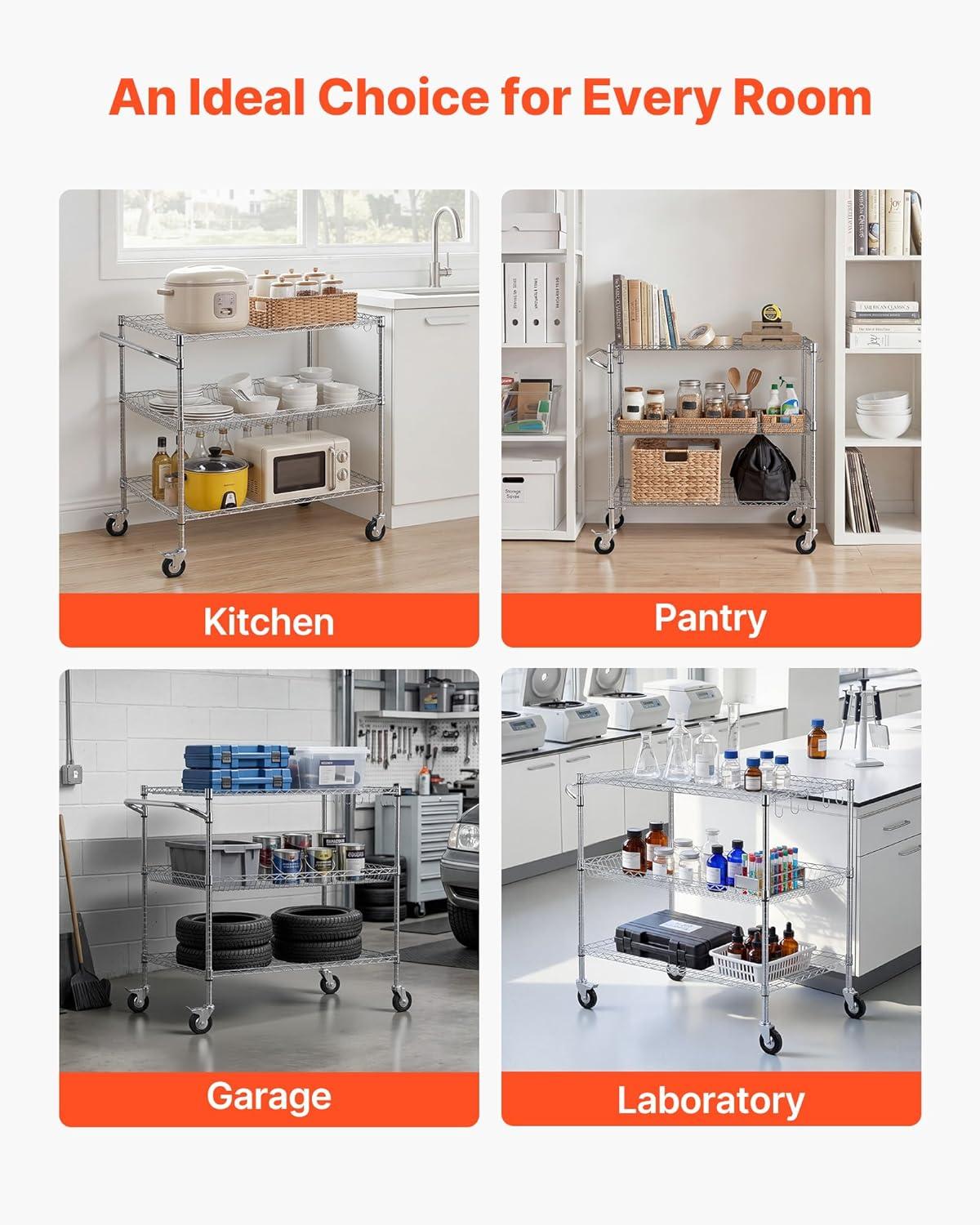 image:imageVEVOR Kitchen Utility Cart 3 Tier Heavy Duty Adjustable Wire Storage Rack Commercial Steel Rolling Service Trolley on Wheels Work Table with Handle Bar for Garage and Laundry Room 40x25x409 in25d X 40w X 409h