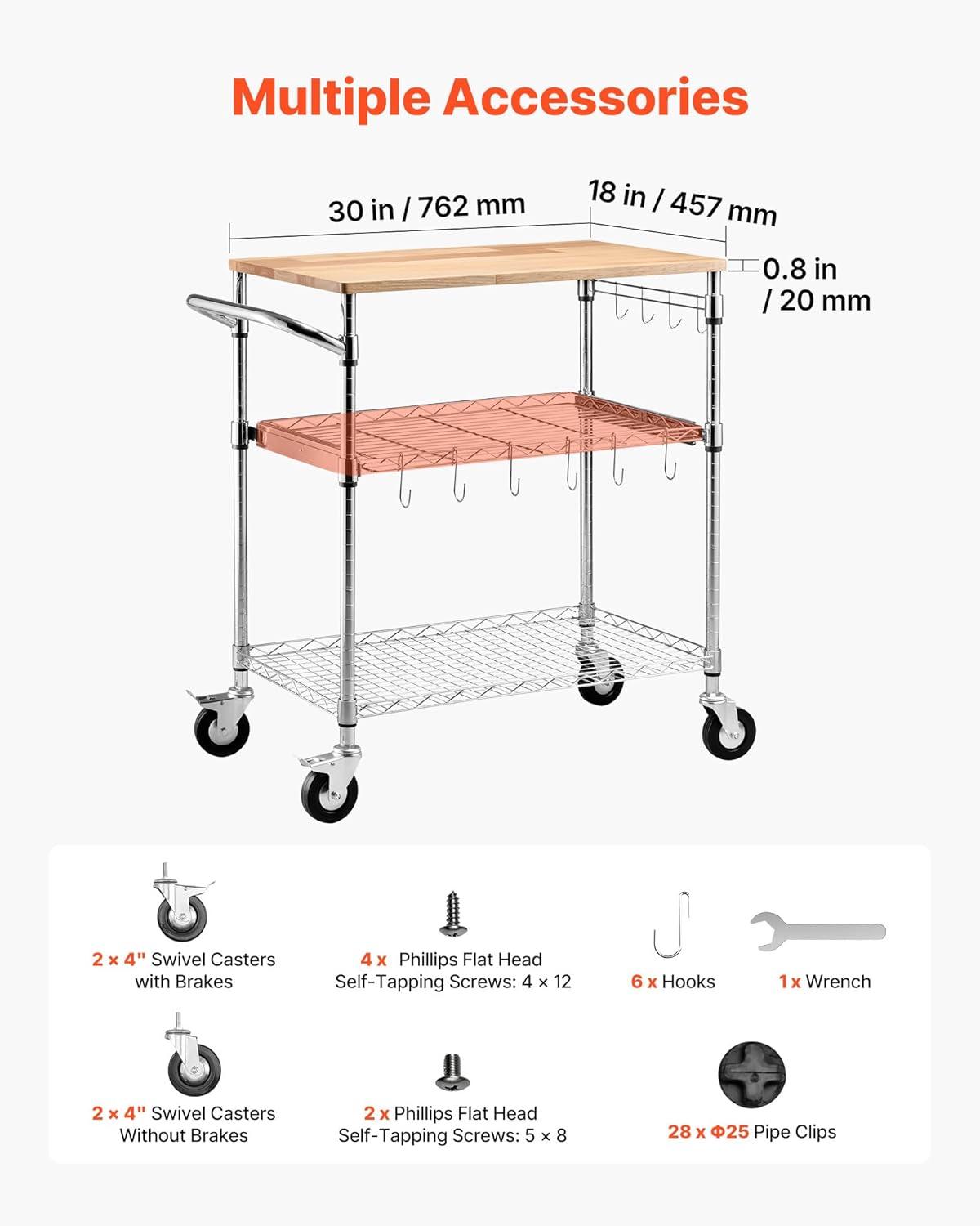 image:imageVEVOR Kitchen Utility Cart 3 Tier Heavy Duty Adjustable Wire Storage Rack Commercial Steel Rolling Service Trolley on Wheels Work Table with Handle Bar for Garage and Laundry Room 40x25x409 in18d X 30w X 36h Table Top