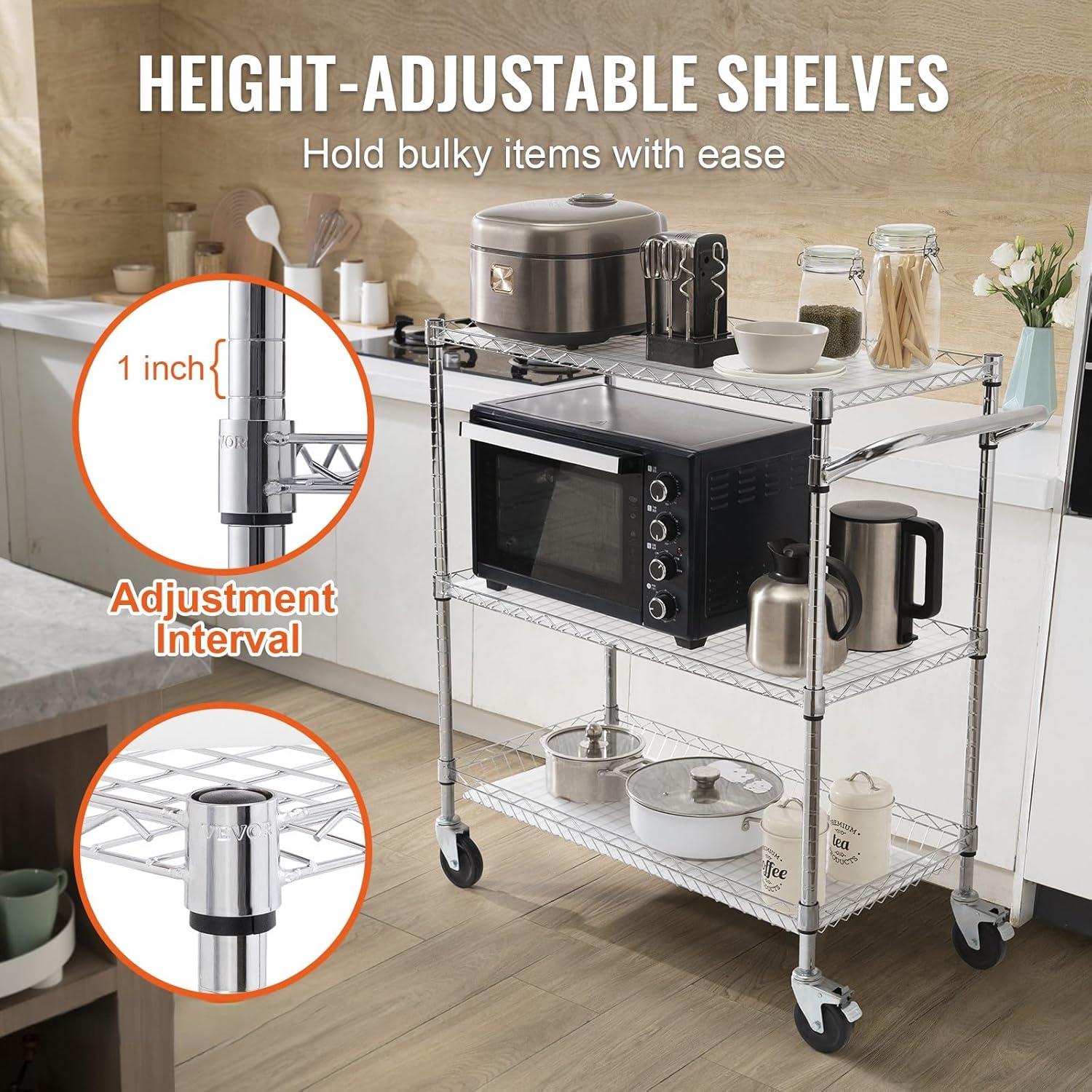 image:imageVEVOR Kitchen Utility Cart 3 Tier Heavy Duty Adjustable Wire Storage Rack Commercial Steel Rolling Service Trolley on Wheels Work Table with Handle Bar for Garage and Laundry Room 40x25x409 in18d X 35w X 409h