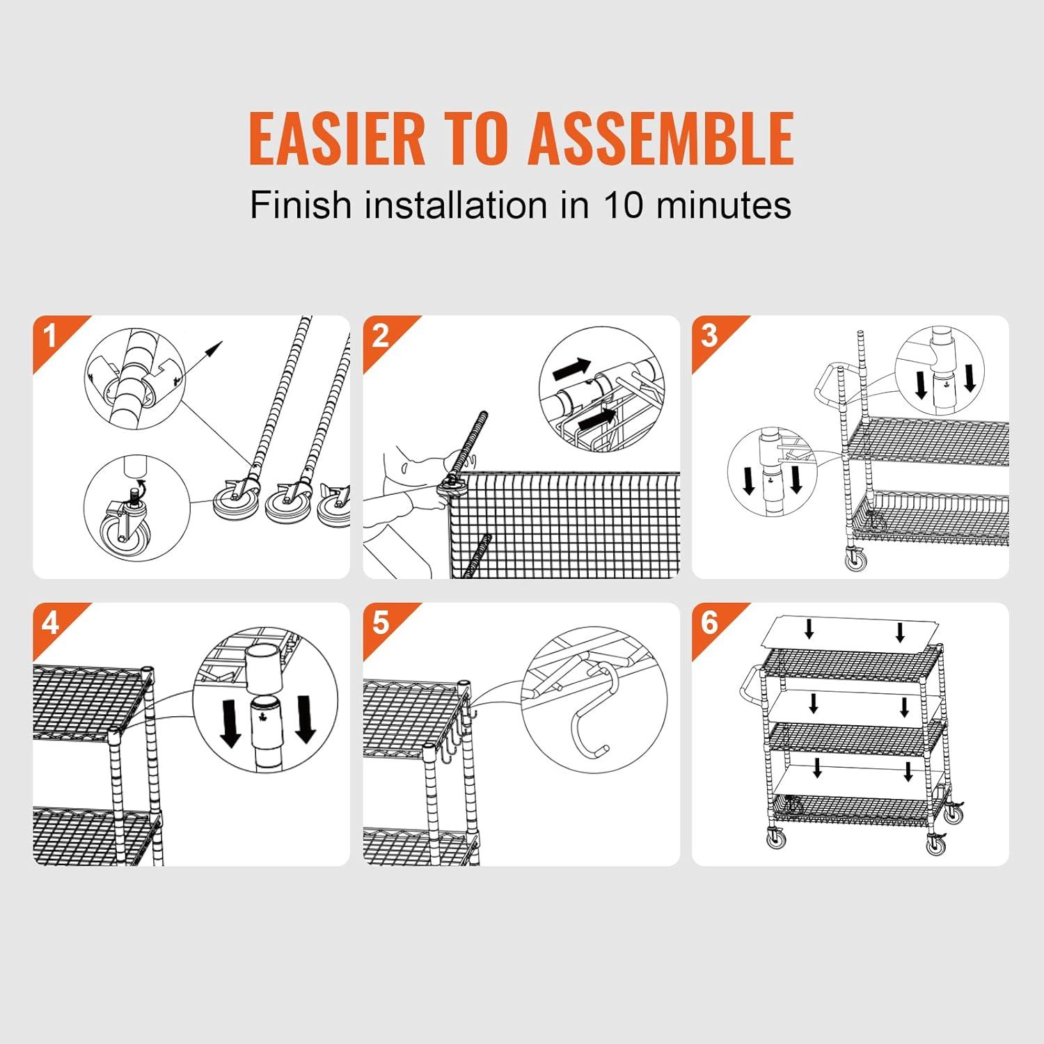 image:imageVEVOR Kitchen Utility Cart 3 Tier Heavy Duty Adjustable Wire Storage Rack Commercial Steel Rolling Service Trolley on Wheels Work Table with Handle Bar for Garage and Laundry Room 40x25x409 in18d X 35w X 409h