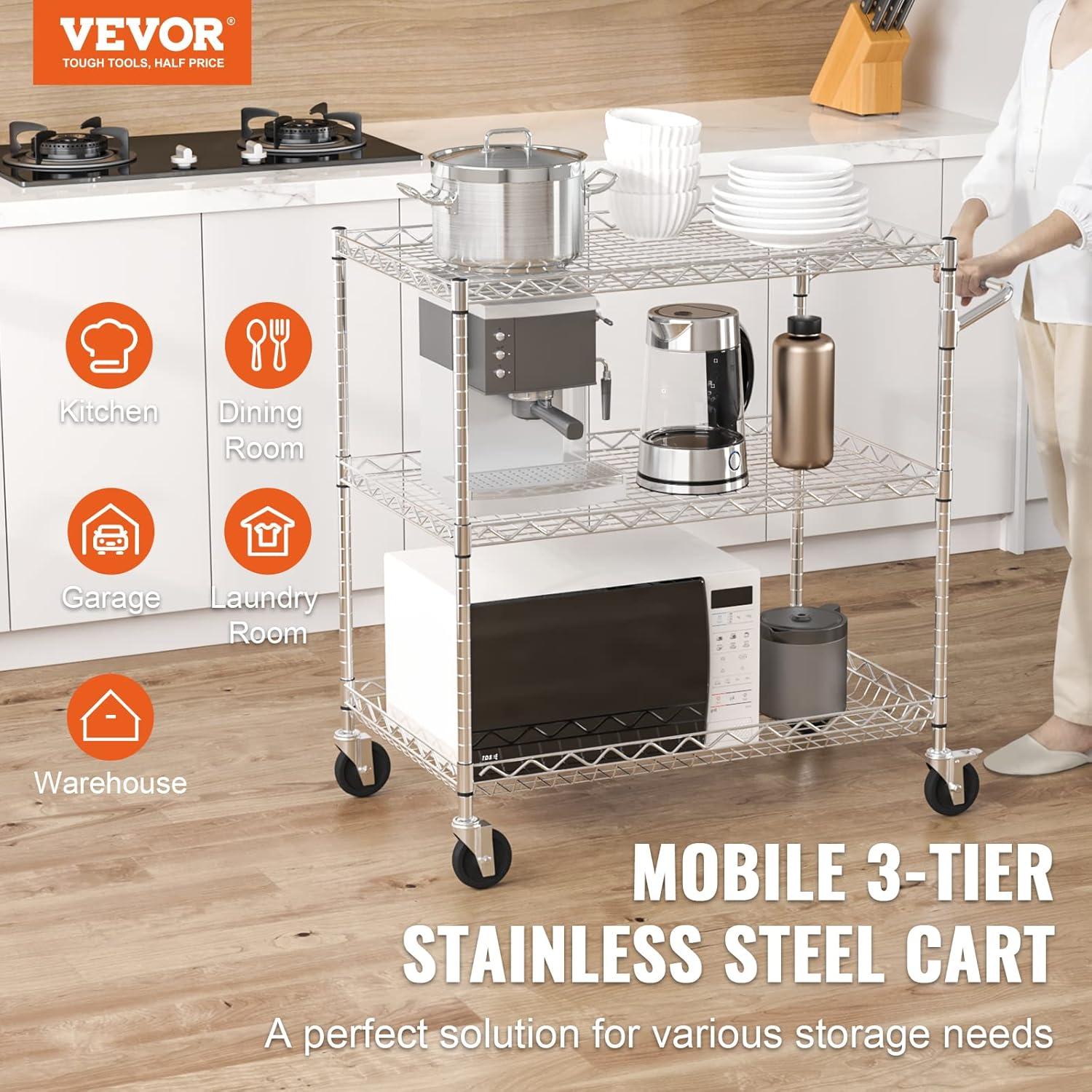 image:imageVEVOR Kitchen Utility Cart 3 Tier Heavy Duty Adjustable Wire Storage Rack Commercial Steel Rolling Service Trolley on Wheels Work Table with Handle Bar for Garage and Laundry Room 40x25x409 in18d X 30w X 324h