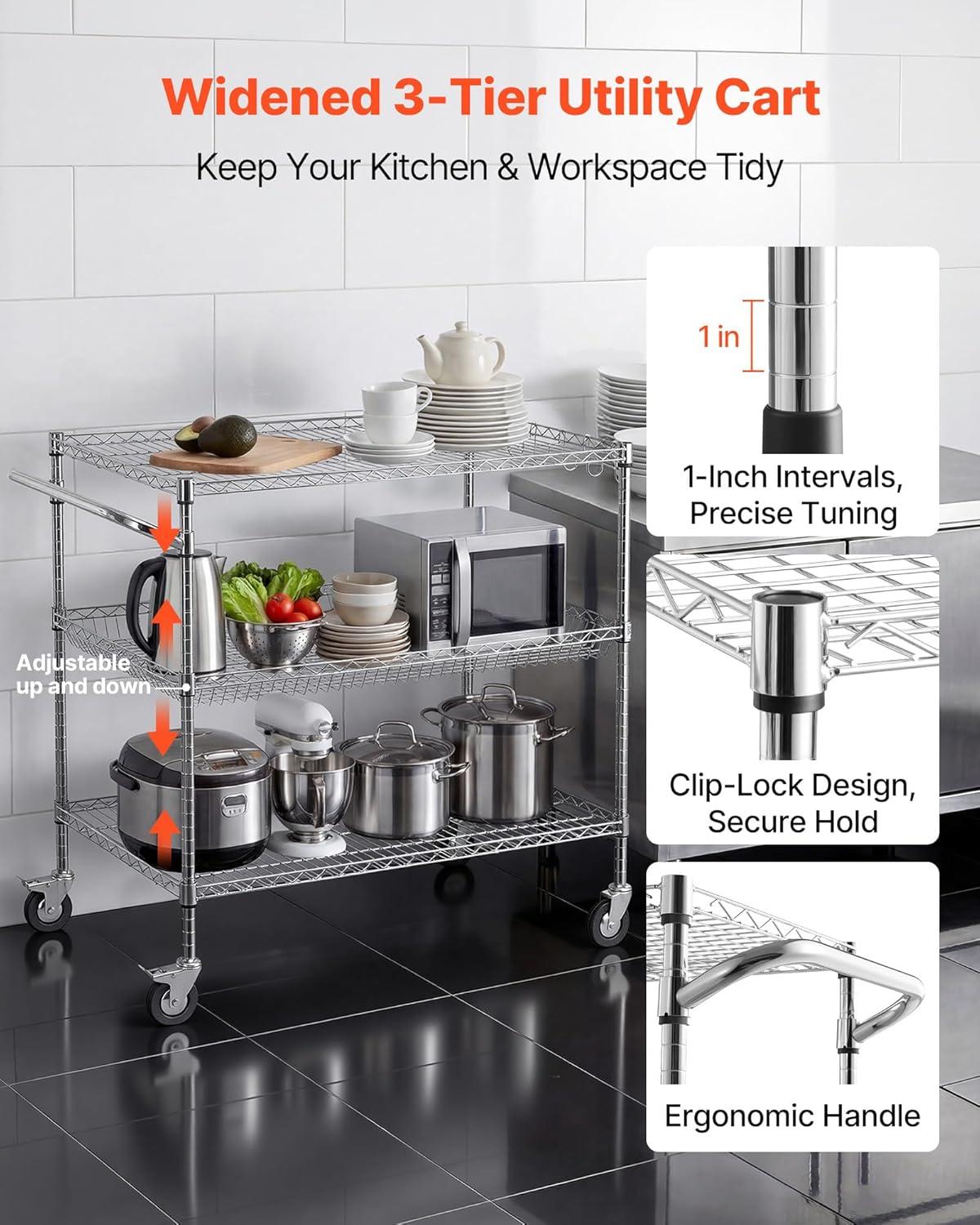 image:imageVEVOR Kitchen Utility Cart 3 Tier Heavy Duty Adjustable Wire Storage Rack Commercial Steel Rolling Service Trolley on Wheels Work Table with Handle Bar for Garage and Laundry Room 40x25x409 in25d X 40w X 409h