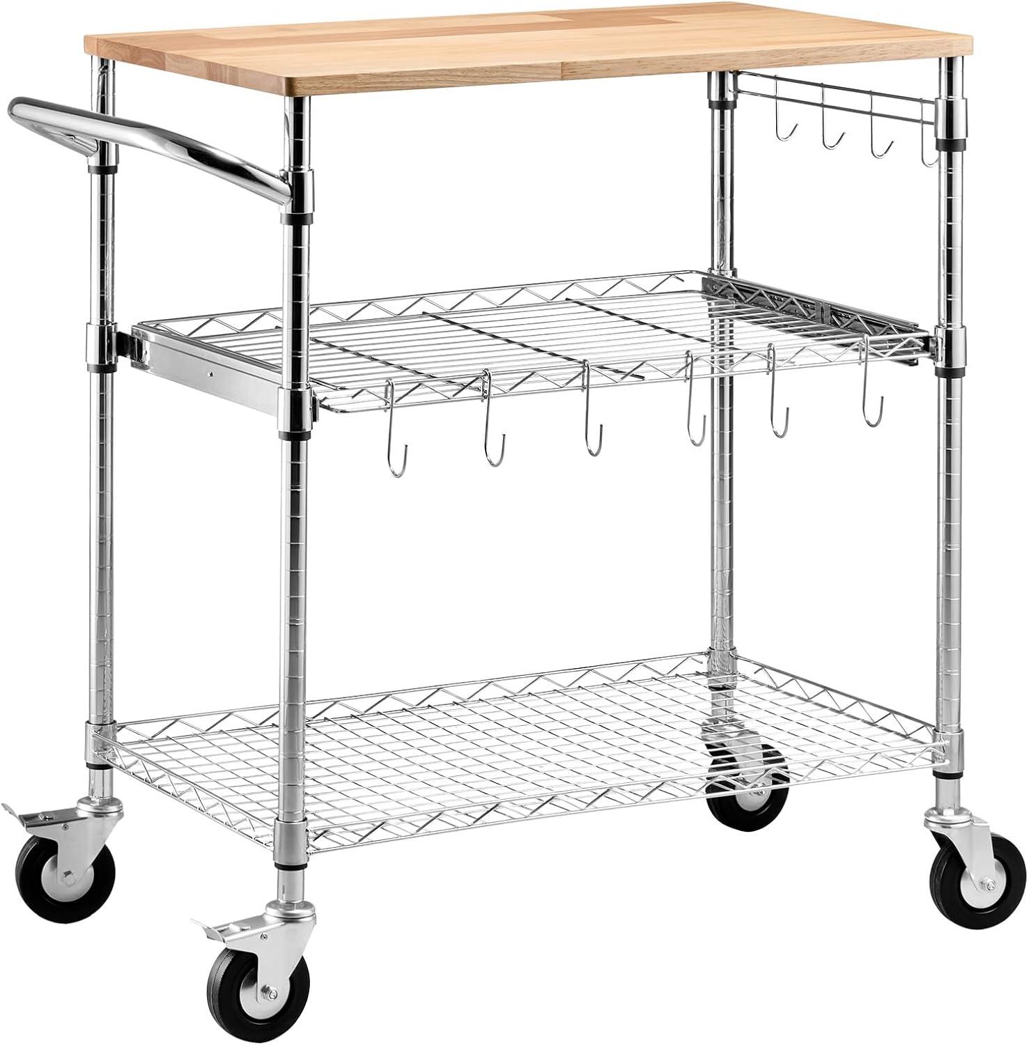 image:imageVEVOR Kitchen Utility Cart 3 Tier Heavy Duty Adjustable Wire Storage Rack Commercial Steel Rolling Service Trolley on Wheels Work Table with Handle Bar for Garage and Laundry Room 40x25x409 in18d X 30w X 36h Table Top