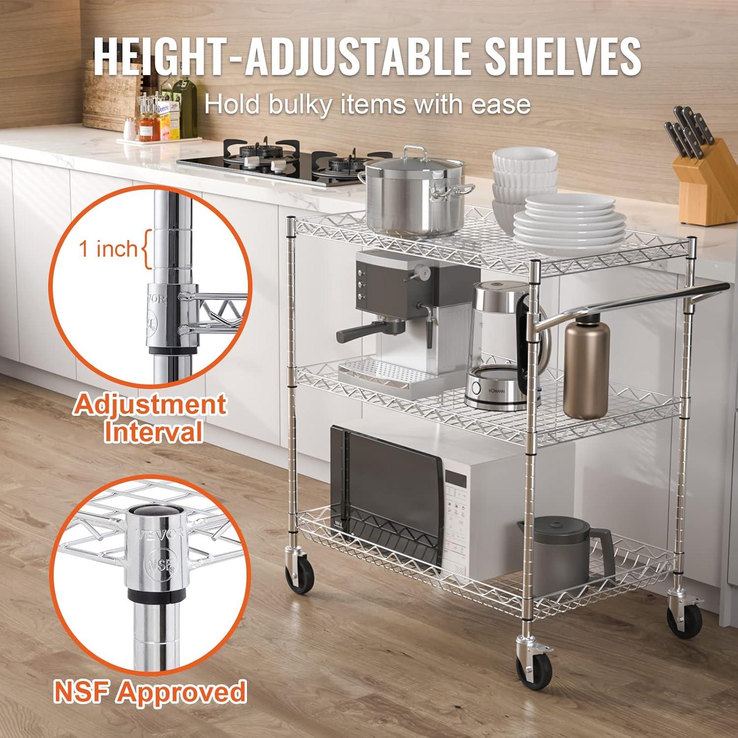 image:imageVEVOR Kitchen Utility Cart 3 Tier Heavy Duty Adjustable Wire Storage Rack Commercial Steel Rolling Service Trolley on Wheels Work Table with Handle Bar for Garage and Laundry Room 40x25x409 in18d X 30w X 324h