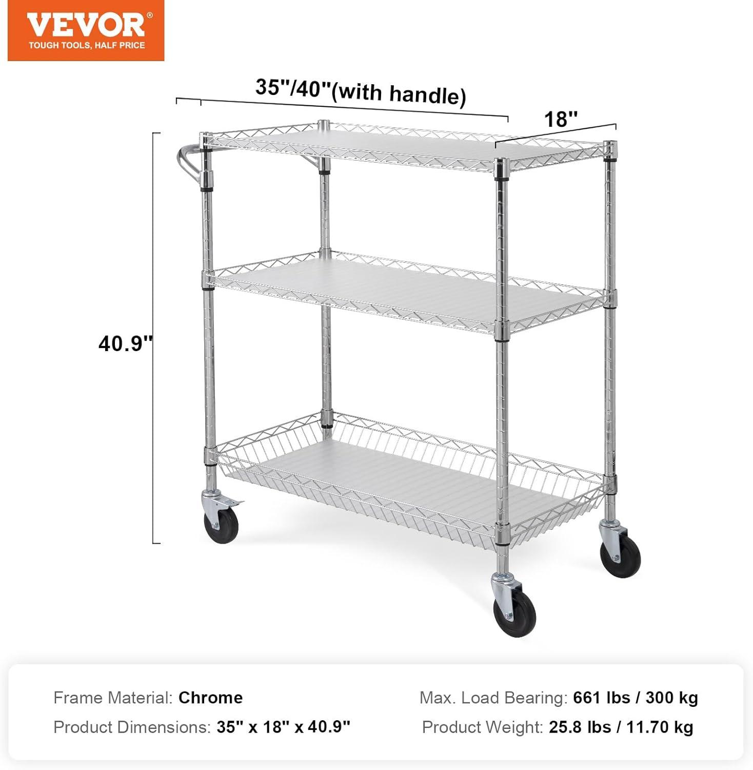 image:imageVEVOR Kitchen Utility Cart 3 Tier Heavy Duty Adjustable Wire Storage Rack Commercial Steel Rolling Service Trolley on Wheels Work Table with Handle Bar for Garage and Laundry Room 40x25x409 in18d X 35w X 409h