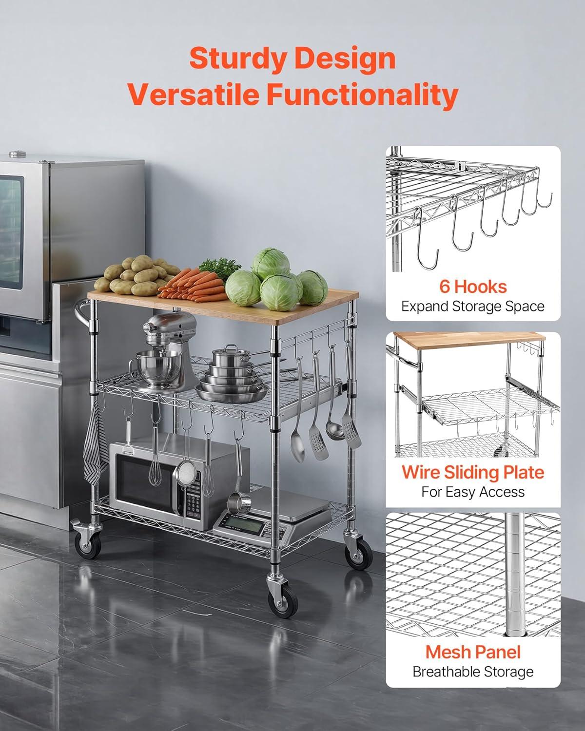 image:imageVEVOR Kitchen Utility Cart 3 Tier Heavy Duty Adjustable Wire Storage Rack Commercial Steel Rolling Service Trolley on Wheels Work Table with Handle Bar for Garage and Laundry Room 40x25x409 in18d X 30w X 36h Table Top