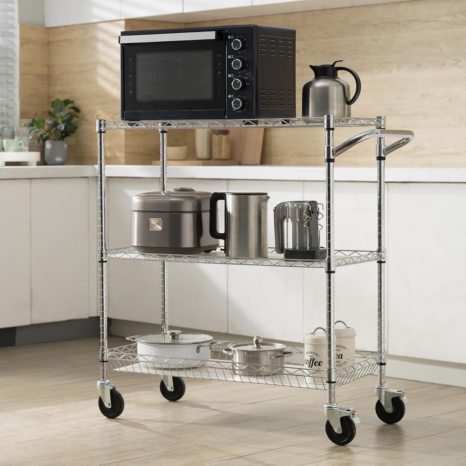 image:imageVEVOR Kitchen Utility Cart 3 Tier Heavy Duty Adjustable Wire Storage Rack Commercial Steel Rolling Service Trolley on Wheels Work Table with Handle Bar for Garage and Laundry Room 40x25x409 in18d X 35w X 409h
