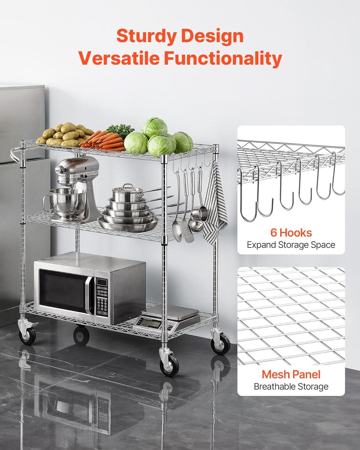 image:imageVEVOR Kitchen Utility Cart 3 Tier Heavy Duty Adjustable Wire Storage Rack Commercial Steel Rolling Service Trolley on Wheels Work Table with Handle Bar for Garage and Laundry Room 40x25x409 in178d X 35w X 409h Upgraded