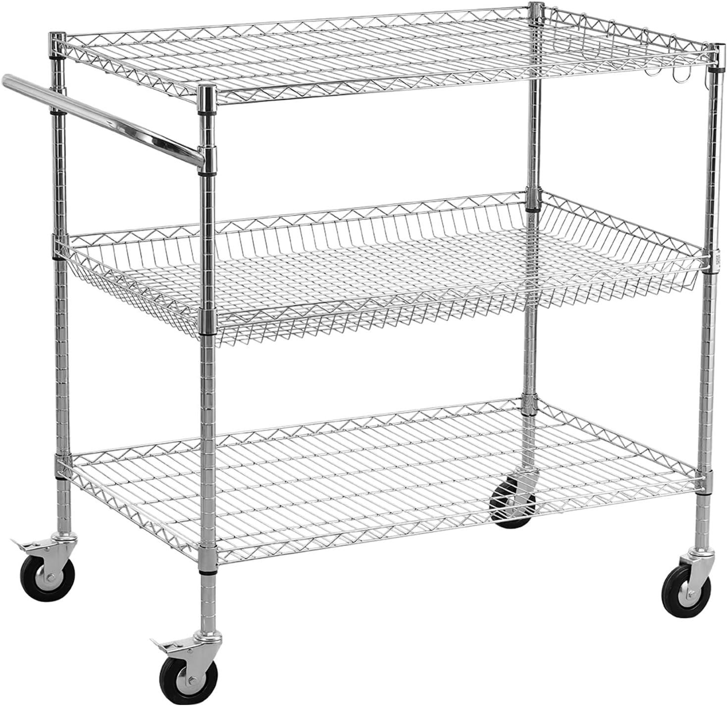 image:imageVEVOR Kitchen Utility Cart 3 Tier Heavy Duty Adjustable Wire Storage Rack Commercial Steel Rolling Service Trolley on Wheels Work Table with Handle Bar for Garage and Laundry Room 40x25x409 in25d X 40w X 409h