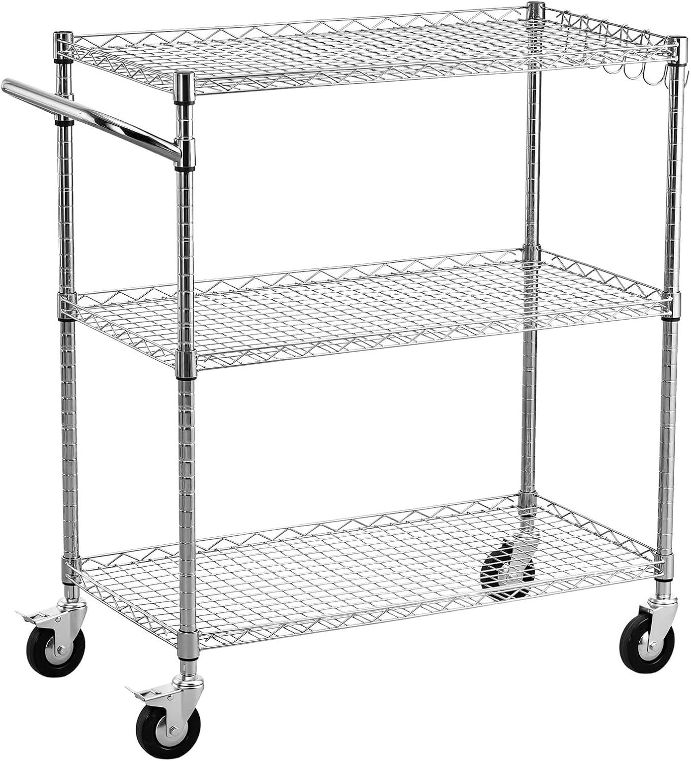 image:imageVEVOR Kitchen Utility Cart 3 Tier Heavy Duty Adjustable Wire Storage Rack Commercial Steel Rolling Service Trolley on Wheels Work Table with Handle Bar for Garage and Laundry Room 40x25x409 in178d X 35w X 409h Upgraded