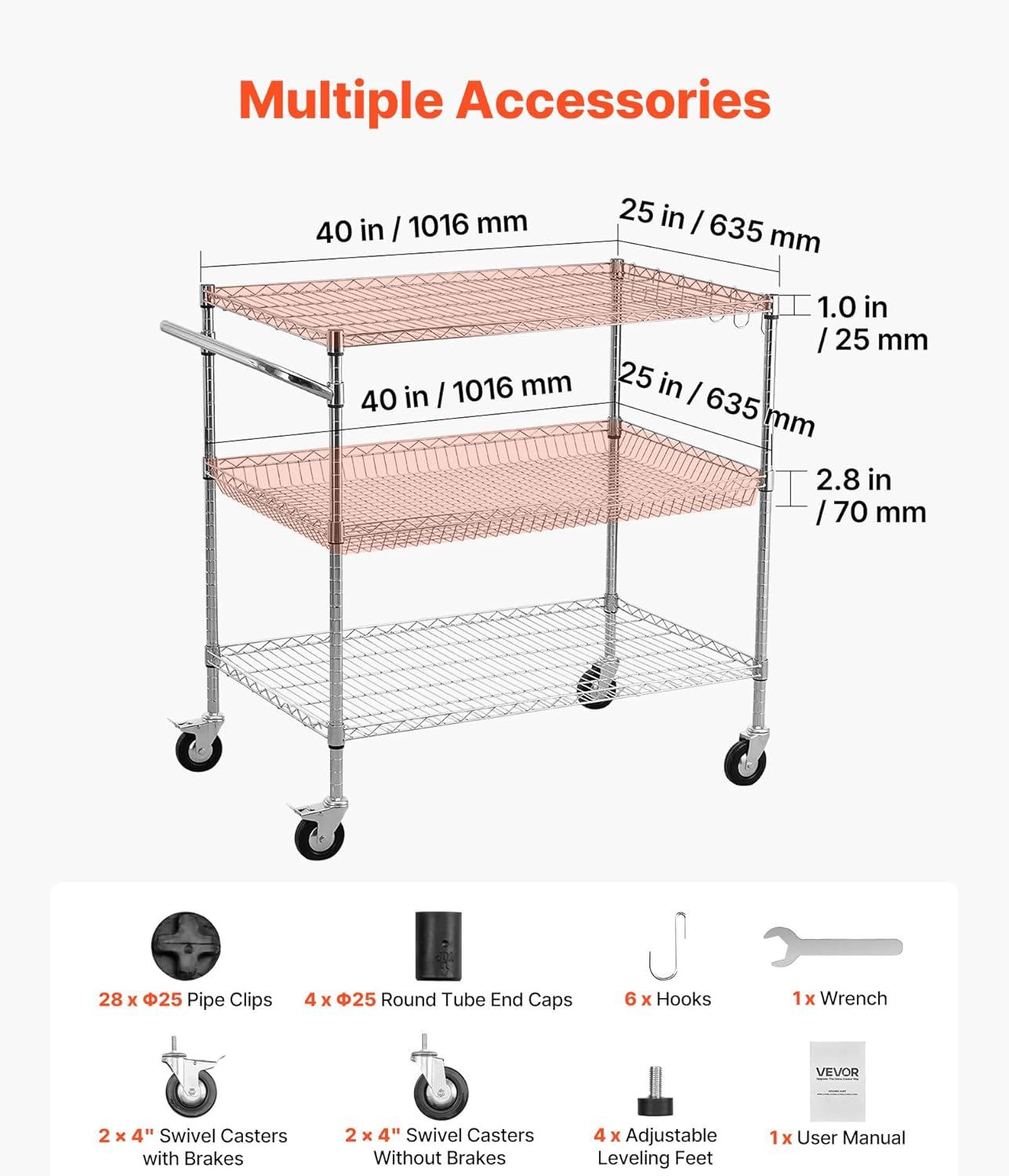 image:imageVEVOR Kitchen Utility Cart 3 Tier Heavy Duty Adjustable Wire Storage Rack Commercial Steel Rolling Service Trolley on Wheels Work Table with Handle Bar for Garage and Laundry Room 40x25x409 in25d X 40w X 409h