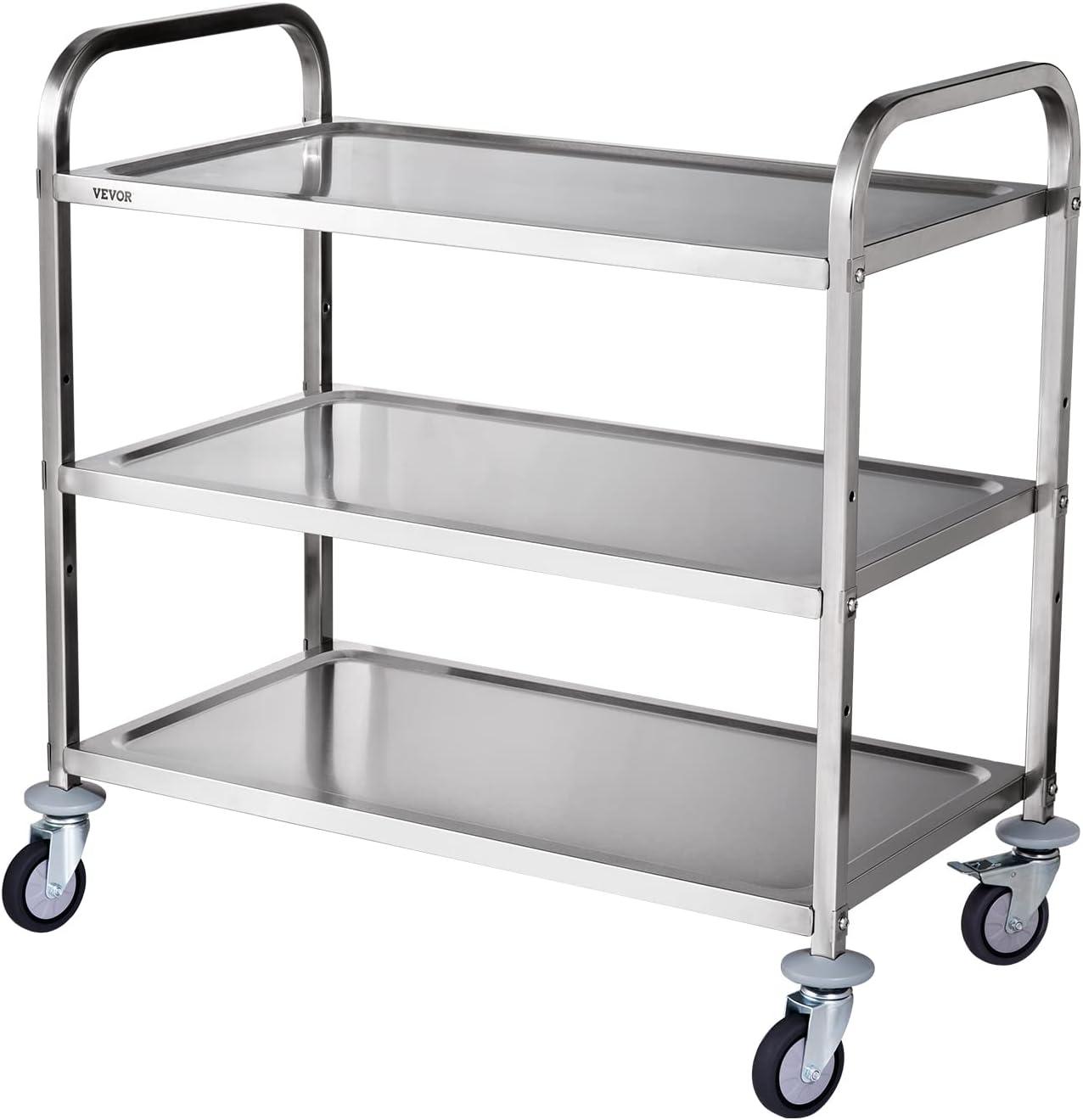 image:imageVEVOR Kitchen Utility Cart 366x20x24 3 Tiers Wire Rolling Cart 470LBS Capacity Steel Service Cart with Brake Wheels Storage Trolley with 76mm Basket PP Liner 6 Hooks for Indoor amp Outdoor UseStainless Steel Trolley