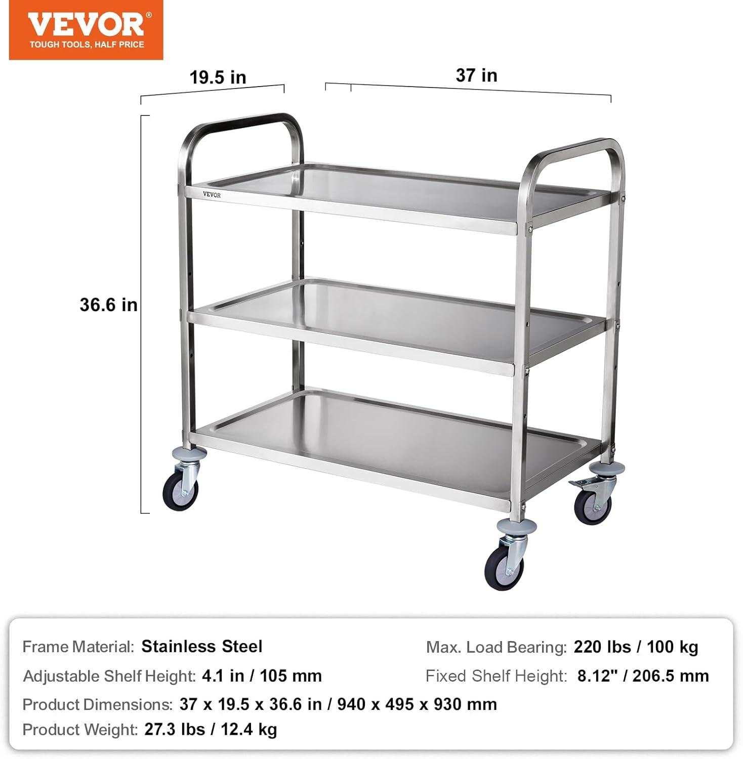 image:imageVEVOR Kitchen Utility Cart 366x20x24 3 Tiers Wire Rolling Cart 470LBS Capacity Steel Service Cart with Brake Wheels Storage Trolley with 76mm Basket PP Liner 6 Hooks for Indoor amp Outdoor UseStainless Steel Trolley