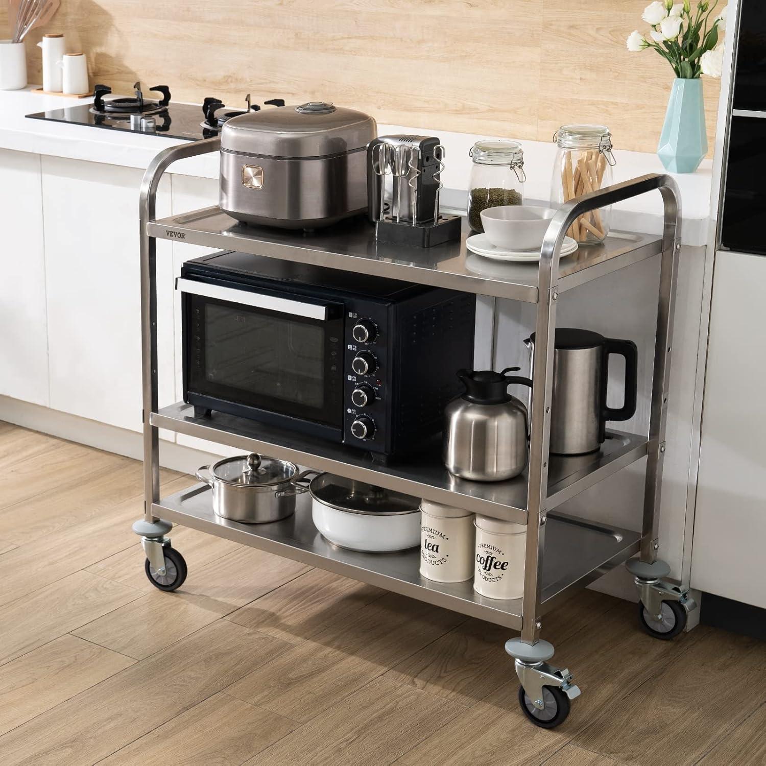 image:imageVEVOR Kitchen Utility Cart 366x20x24 3 Tiers Wire Rolling Cart 470LBS Capacity Steel Service Cart with Brake Wheels Storage Trolley with 76mm Basket PP Liner 6 Hooks for Indoor amp Outdoor UseStainless Steel Trolley