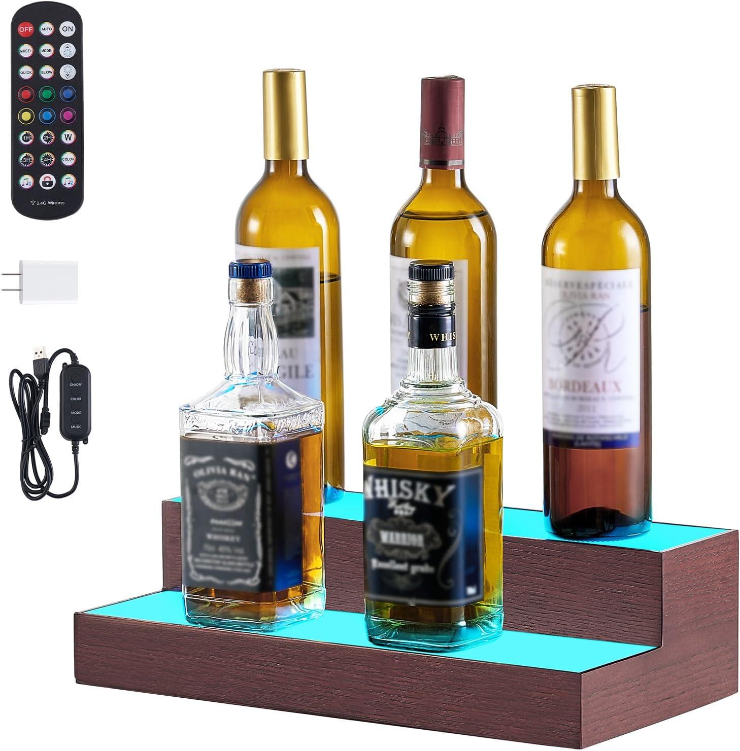image:imageVEVOR LED Lighted Liquor Bottle Display 2Tier 16 Inch Whiskey Rack Supports USB Illuminated Home Bar Shelf with RF Remote amp App Control 7 Static Colors Acrylic Wood Lighted Shelf for 8 Bottles2 Step 16 InchesWoodAcrylic