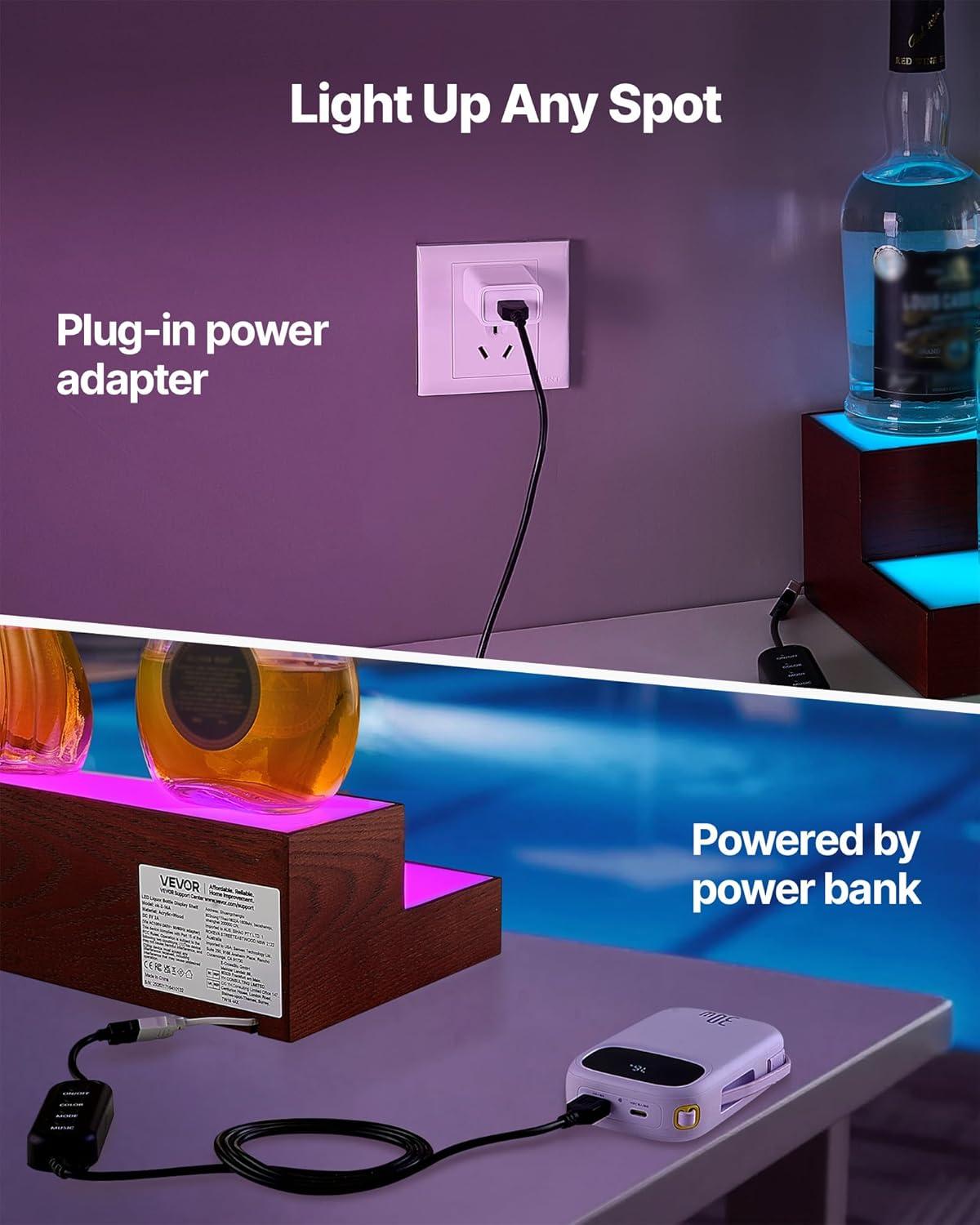image:imageVEVOR LED Lighted Liquor Bottle Display 2Tier 16 Inch Whiskey Rack Supports USB Illuminated Home Bar Shelf with RF Remote amp App Control 7 Static Colors Acrylic Wood Lighted Shelf for 8 Bottles2 Step 16 InchesWoodAcrylic