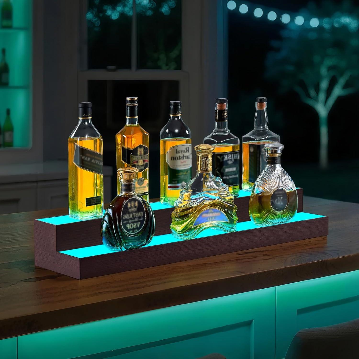 image:imageVEVOR LED Lighted Liquor Bottle Display 2Tier 16 Inch Whiskey Rack Supports USB Illuminated Home Bar Shelf with RF Remote amp App Control 7 Static Colors Acrylic Wood Lighted Shelf for 8 Bottles3 Step 30 InchesWoodAcrylic