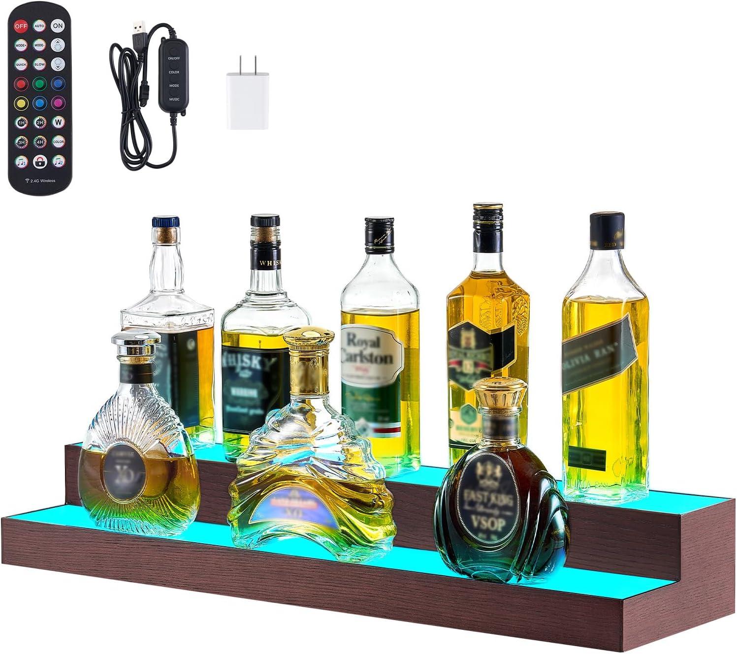 image:imageVEVOR LED Lighted Liquor Bottle Display 2Tier 16 Inch Whiskey Rack Supports USB Illuminated Home Bar Shelf with RF Remote amp App Control 7 Static Colors Acrylic Wood Lighted Shelf for 8 Bottles3 Step 30 InchesWoodAcrylic