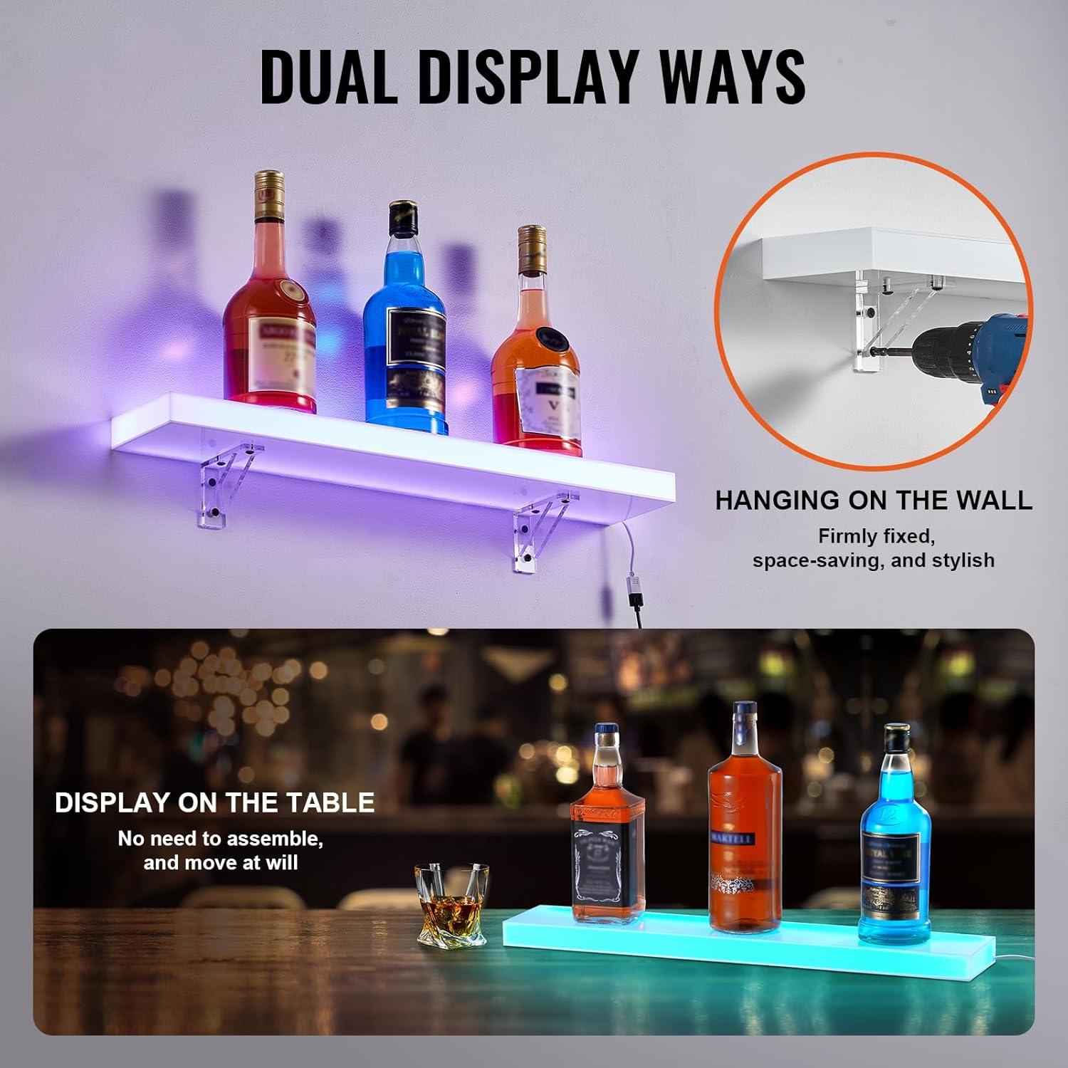 image:imageVEVOR LED Lighted Liquor Bottle Display 3 Tiers 20 Inches Whiskey Rack Supports USB Illuminated Home Bar Shelf with RF Remote amp App Control 9 Static Colors Acrylic Lighted Shelf for 15 Bottles1 Step 24 Inches