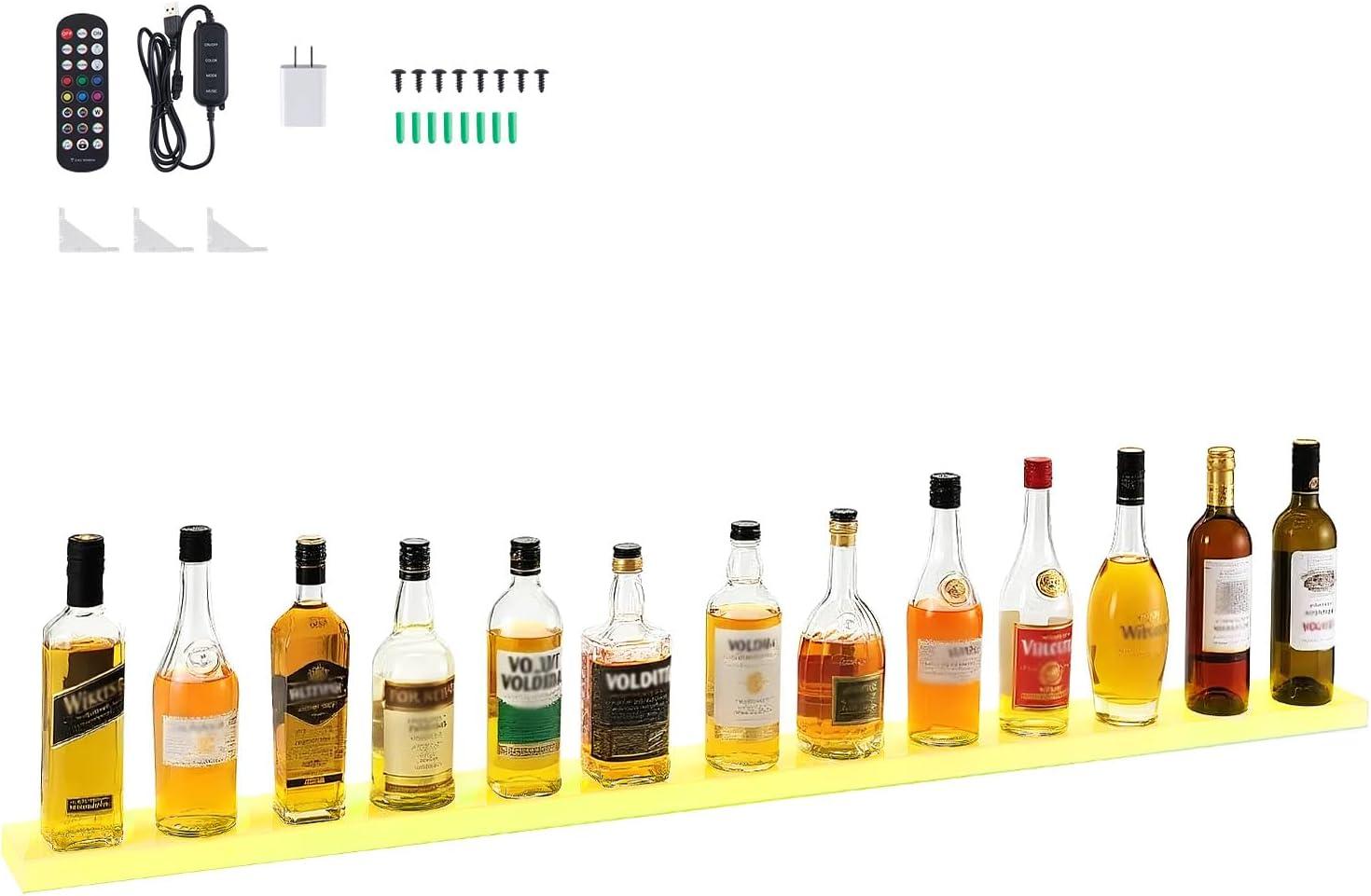 image:imageVEVOR LED Lighted Liquor Bottle Display 3 Tiers 20 Inches Whiskey Rack Supports USB Illuminated Home Bar Shelf with RF Remote amp App Control 9 Static Colors Acrylic Lighted Shelf for 15 Bottles1 Step 60 Inches