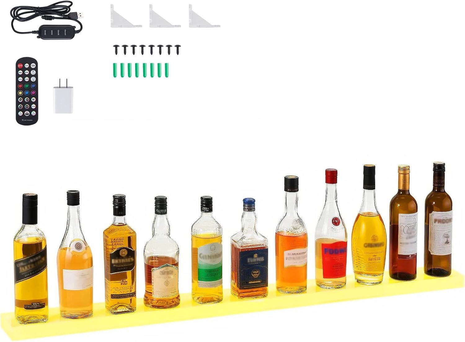 image:imageVEVOR LED Lighted Liquor Bottle Display 3 Tiers 20 Inches Whiskey Rack Supports USB Illuminated Home Bar Shelf with RF Remote amp App Control 9 Static Colors Acrylic Lighted Shelf for 15 Bottles1 Step 48 Inches