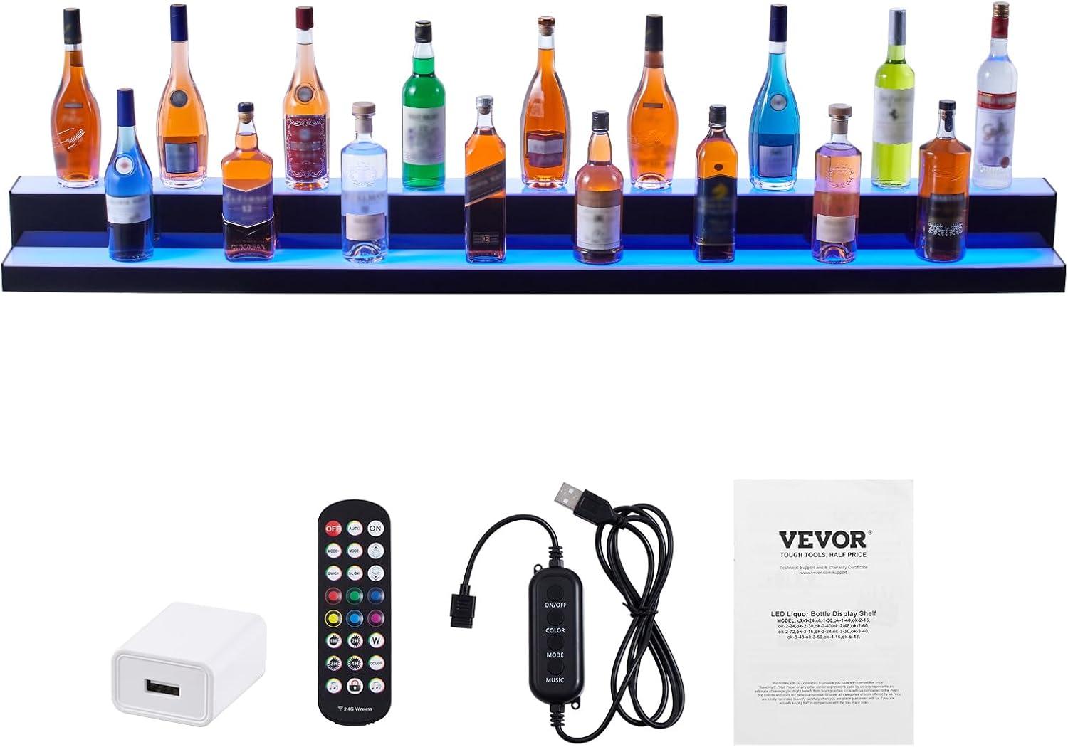 image:imageVEVOR LED Lighted Liquor Bottle Display 3 Tiers 20 Inches Whiskey Rack Supports USB Illuminated Home Bar Shelf with RF Remote amp App Control 9 Static Colors Acrylic Lighted Shelf for 15 Bottles2 Step 72 Inches