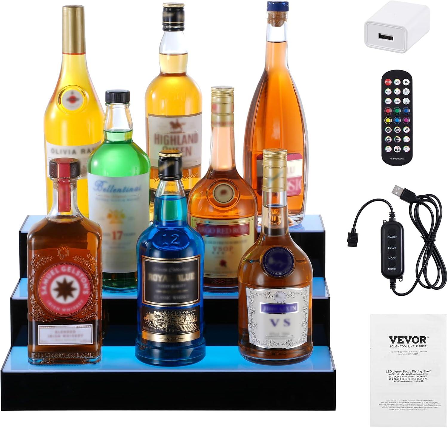 image:imageVEVOR LED Lighted Liquor Bottle Display 3 Tiers 20 Inches Whiskey Rack Supports USB Illuminated Home Bar Shelf with RF Remote amp App Control 9 Static Colors Acrylic Lighted Shelf for 15 Bottles3 Step 16 Inches