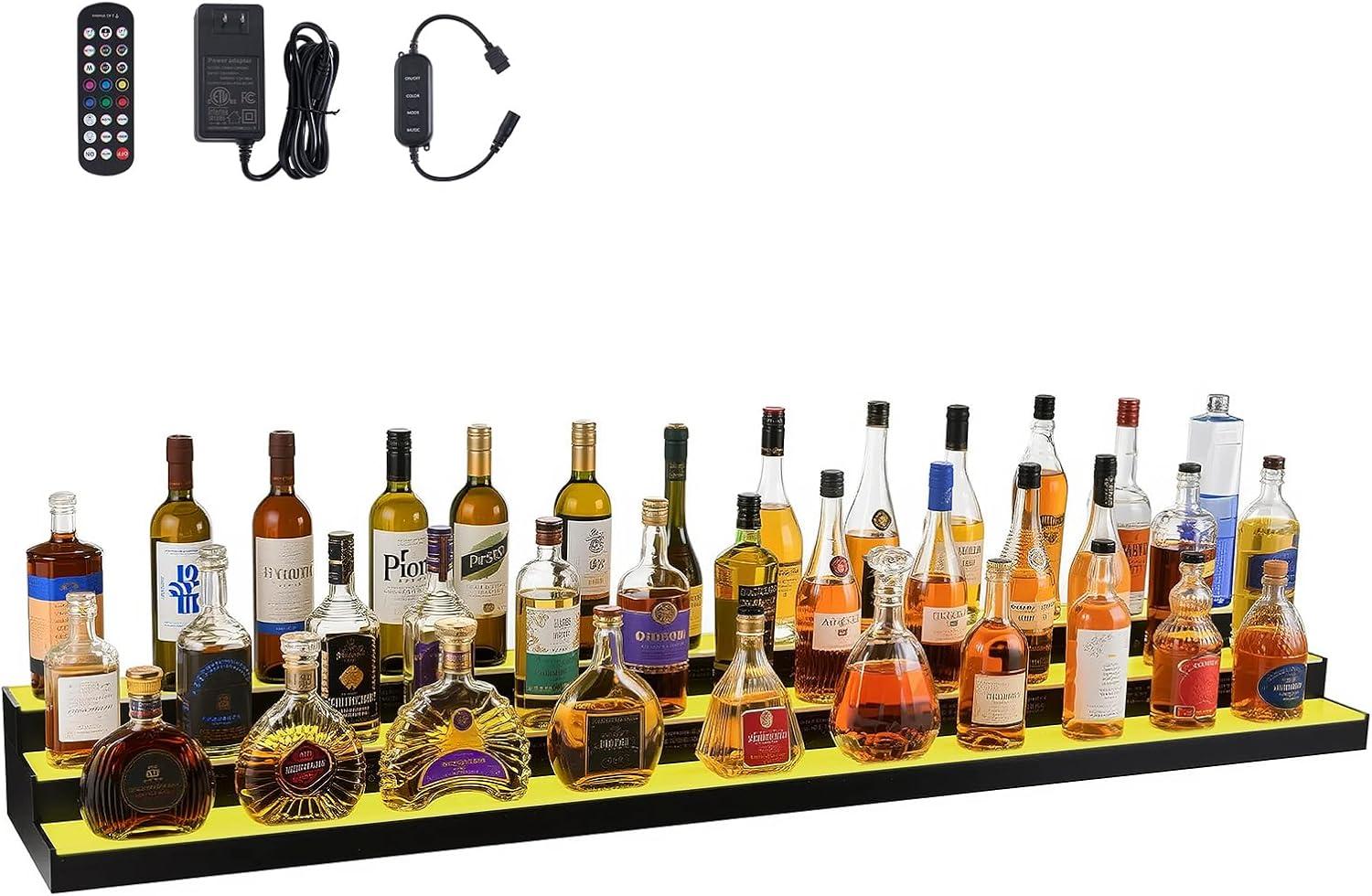 image:imageVEVOR LED Lighted Liquor Bottle Display 3 Tiers 20 Inches Whiskey Rack Supports USB Illuminated Home Bar Shelf with RF Remote amp App Control 9 Static Colors Acrylic Lighted Shelf for 15 Bottles3 Step 70 Inches