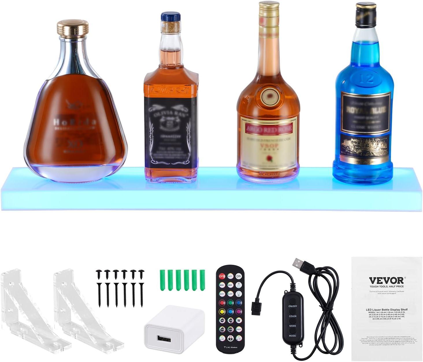image:imageVEVOR LED Lighted Liquor Bottle Display 3 Tiers 20 Inches Whiskey Rack Supports USB Illuminated Home Bar Shelf with RF Remote amp App Control 9 Static Colors Acrylic Lighted Shelf for 15 Bottles1 Step 24 Inches