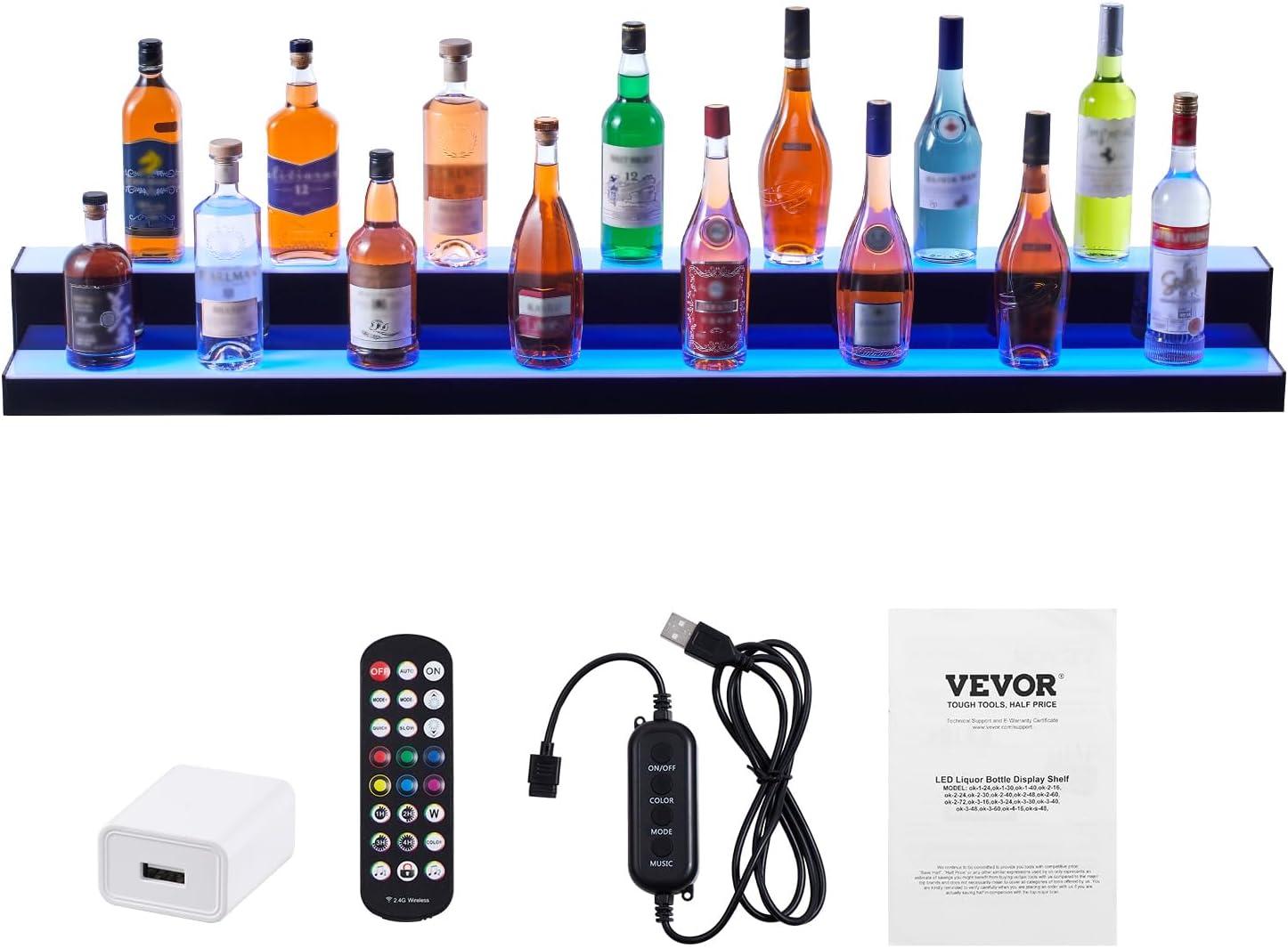 image:imageVEVOR LED Lighted Liquor Bottle Display 3 Tiers 20 Inches Whiskey Rack Supports USB Illuminated Home Bar Shelf with RF Remote amp App Control 9 Static Colors Acrylic Lighted Shelf for 15 Bottles2 Step 60 Inches