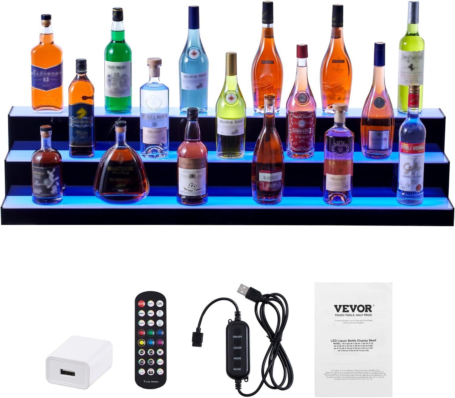 image:imageVEVOR LED Lighted Liquor Bottle Display 3 Tiers 20 Inches Whiskey Rack Supports USB Illuminated Home Bar Shelf with RF Remote amp App Control 9 Static Colors Acrylic Lighted Shelf for 15 Bottles3 Step 48 Inches