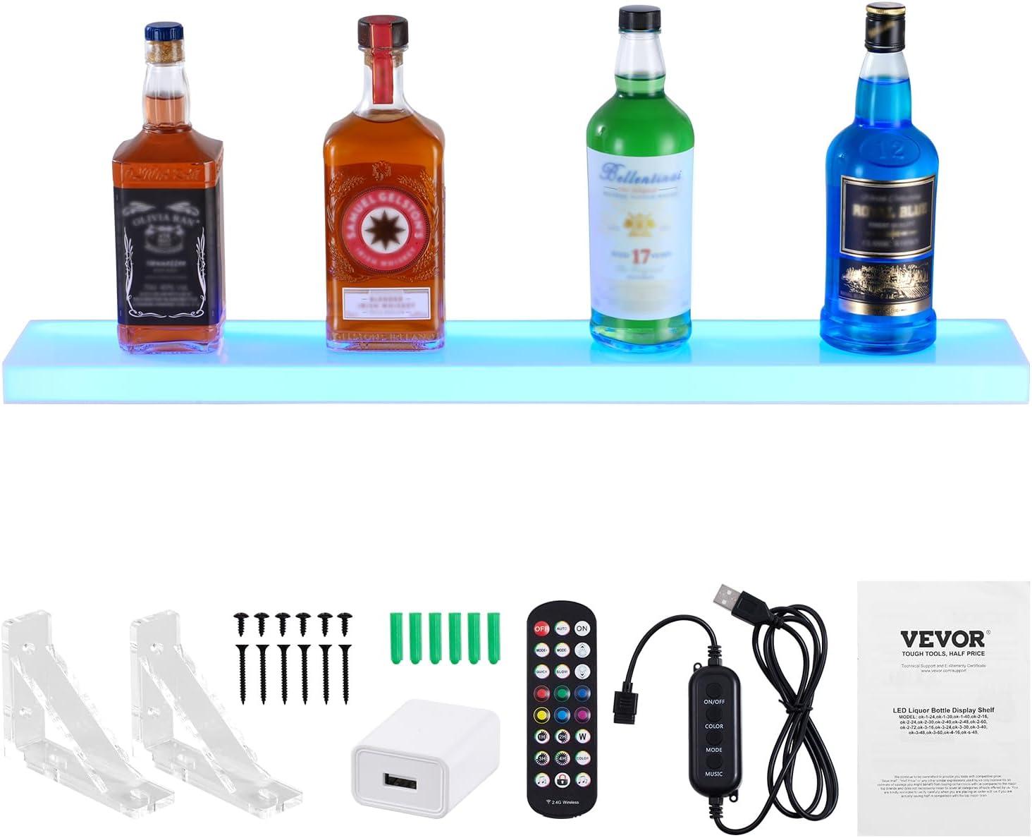 image:imageVEVOR LED Lighted Liquor Bottle Display 3 Tiers 20 Inches Whiskey Rack Supports USB Illuminated Home Bar Shelf with RF Remote amp App Control 9 Static Colors Acrylic Lighted Shelf for 15 Bottles1 Step 30 Inches
