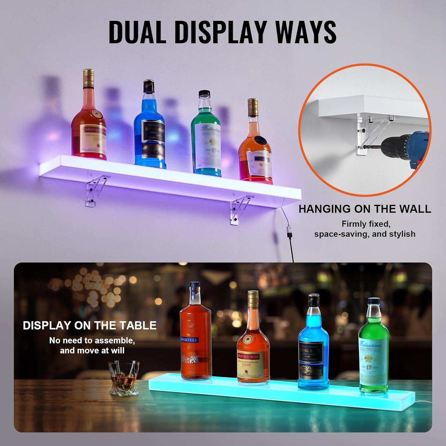 image:imageVEVOR LED Lighted Liquor Bottle Display 3 Tiers 20 Inches Whiskey Rack Supports USB Illuminated Home Bar Shelf with RF Remote amp App Control 9 Static Colors Acrylic Lighted Shelf for 15 Bottles1 Step 30 Inches