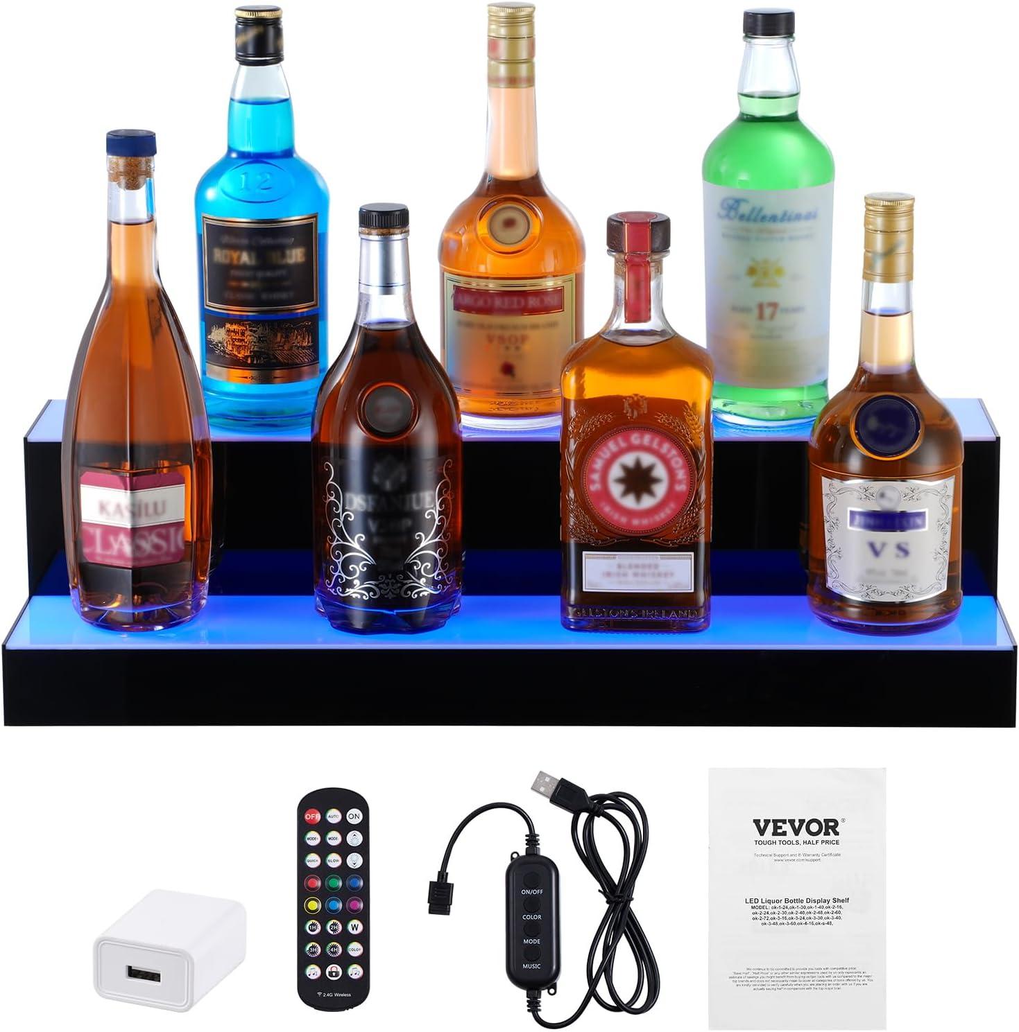 image:imageVEVOR LED Lighted Liquor Bottle Display 3 Tiers 20 Inches Whiskey Rack Supports USB Illuminated Home Bar Shelf with RF Remote amp App Control 9 Static Colors Acrylic Lighted Shelf for 15 Bottles2 Step 24 Inches