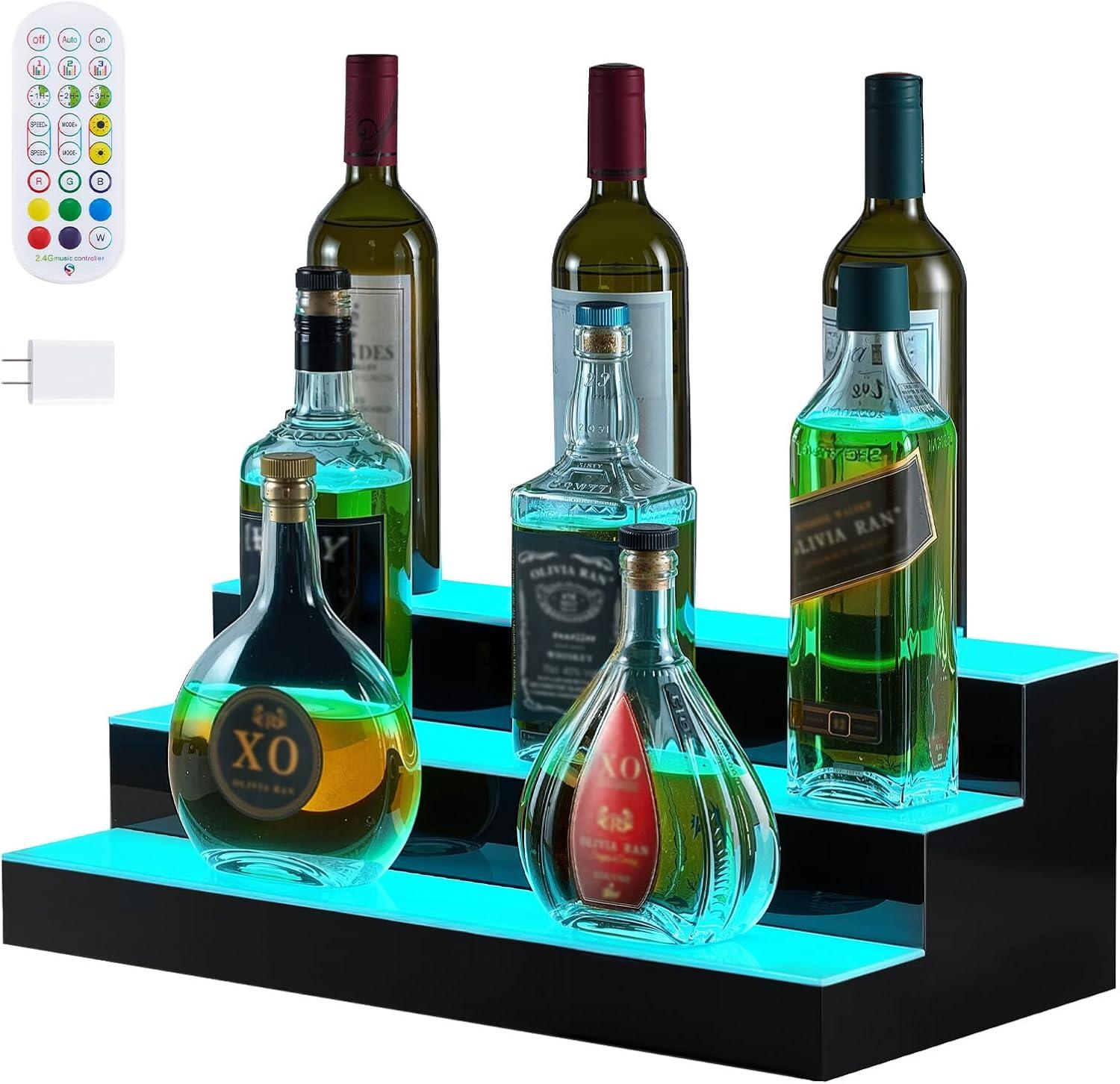 image:imageVEVOR LED Lighted Liquor Bottle Display 3 Tiers 20 Inches Whiskey Rack Supports USB Illuminated Home Bar Shelf with RF Remote amp App Control 9 Static Colors Acrylic Lighted Shelf for 15 Bottles3 Step 20 Inches