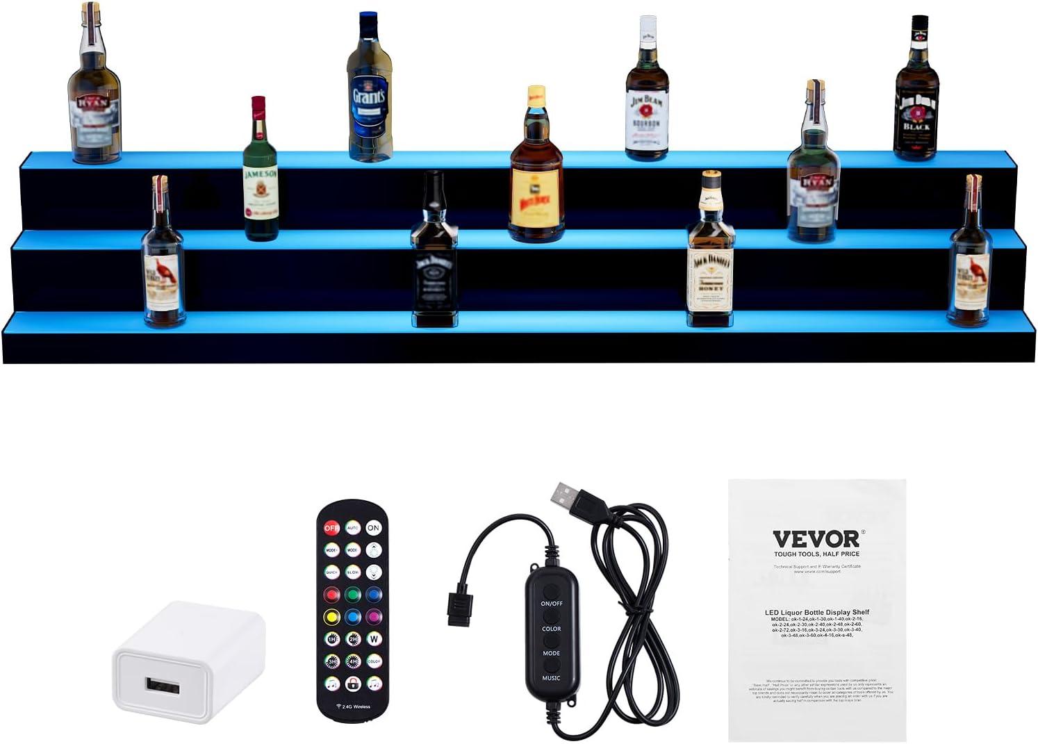 image:imageVEVOR LED Lighted Liquor Bottle Display 3 Tiers 20 Inches Whiskey Rack Supports USB Illuminated Home Bar Shelf with RF Remote amp App Control 9 Static Colors Acrylic Lighted Shelf for 15 Bottles3 Step 60 Inches