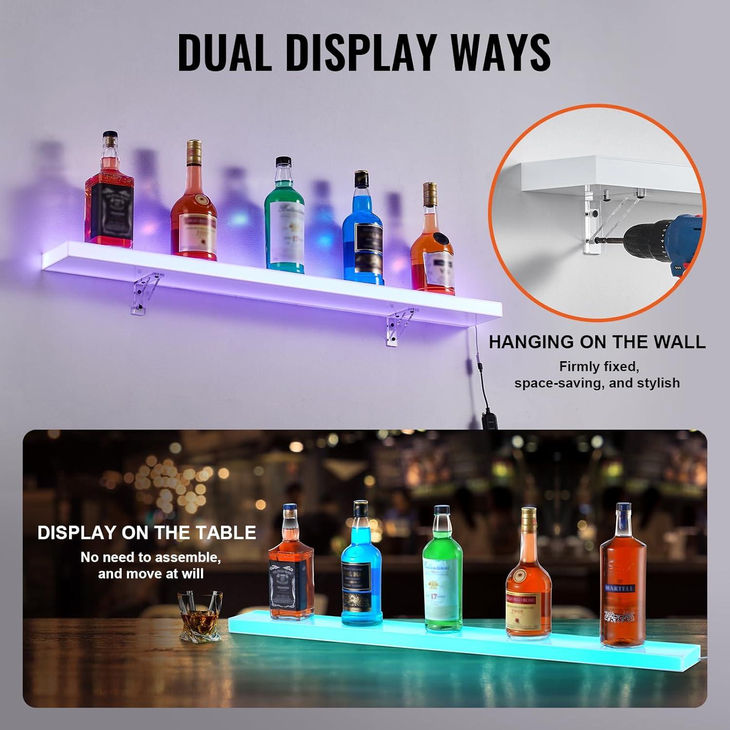 image:imageVEVOR LED Lighted Liquor Bottle Display 3 Tiers 20 Inches Whiskey Rack Supports USB Illuminated Home Bar Shelf with RF Remote amp App Control 9 Static Colors Acrylic Lighted Shelf for 15 Bottles1 Step 40 Inches