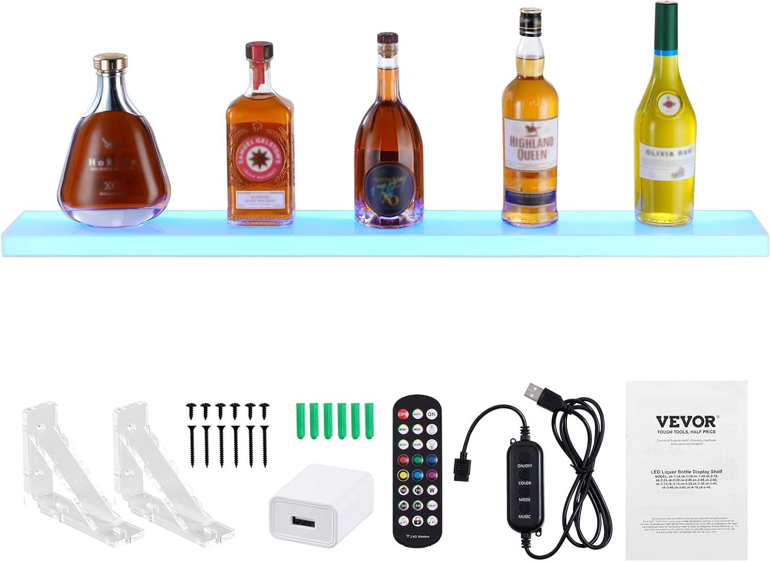 image:imageVEVOR LED Lighted Liquor Bottle Display 3 Tiers 20 Inches Whiskey Rack Supports USB Illuminated Home Bar Shelf with RF Remote amp App Control 9 Static Colors Acrylic Lighted Shelf for 15 Bottles1 Step 40 Inches
