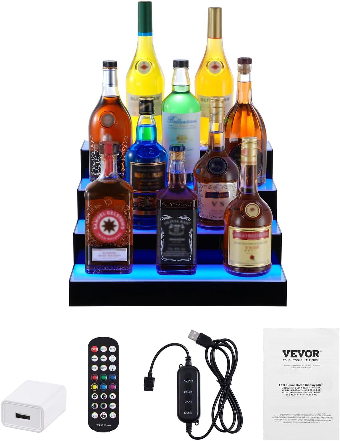 image:imageVEVOR LED Lighted Liquor Bottle Display 3 Tiers 20 Inches Whiskey Rack Supports USB Illuminated Home Bar Shelf with RF Remote amp App Control 9 Static Colors Acrylic Lighted Shelf for 15 Bottles4 Step 16 Inches