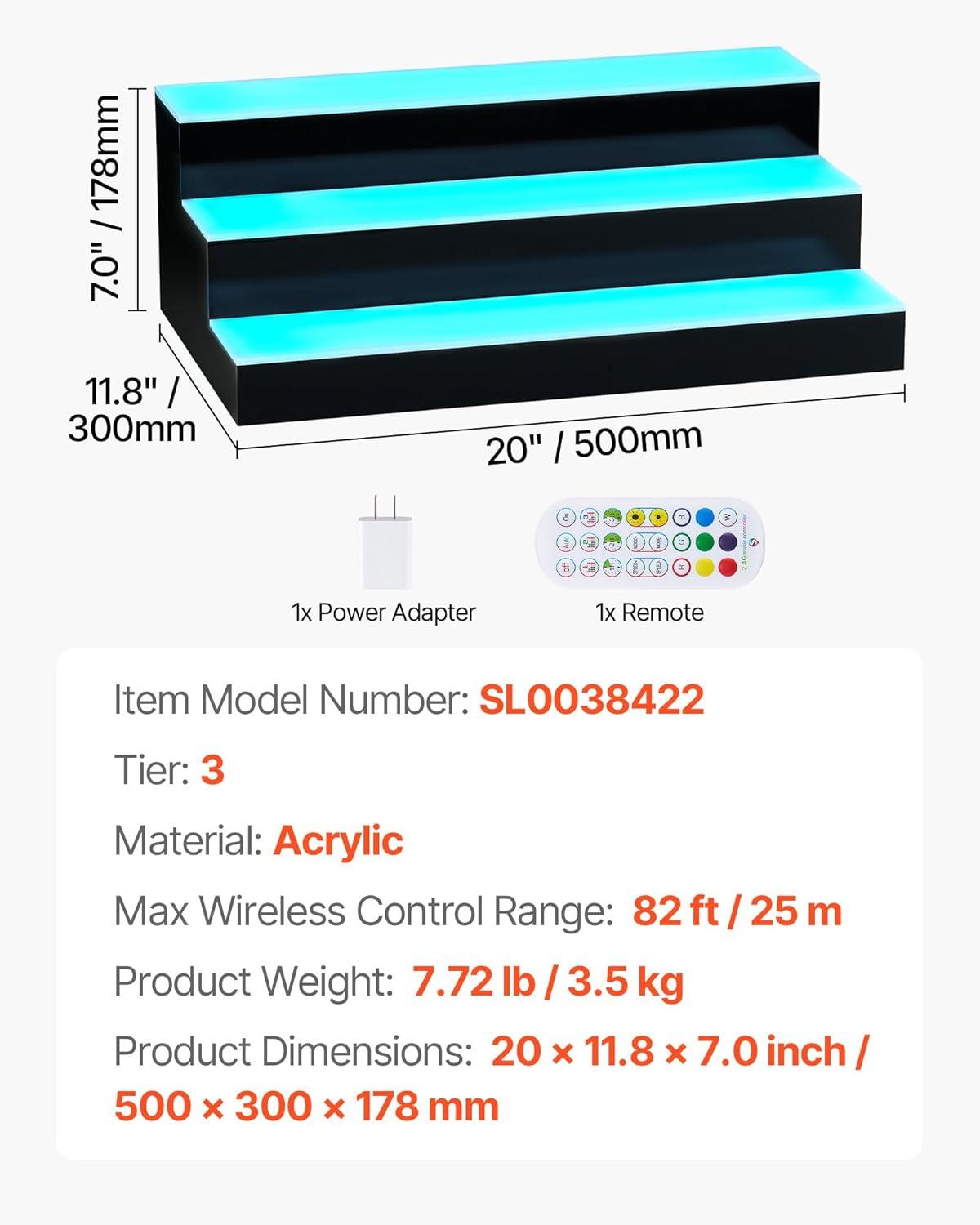 image:imageVEVOR LED Lighted Liquor Bottle Display 3 Tiers 20 Inches Whiskey Rack Supports USB Illuminated Home Bar Shelf with RF Remote amp App Control 9 Static Colors Acrylic Lighted Shelf for 15 Bottles3 Step 20 Inches