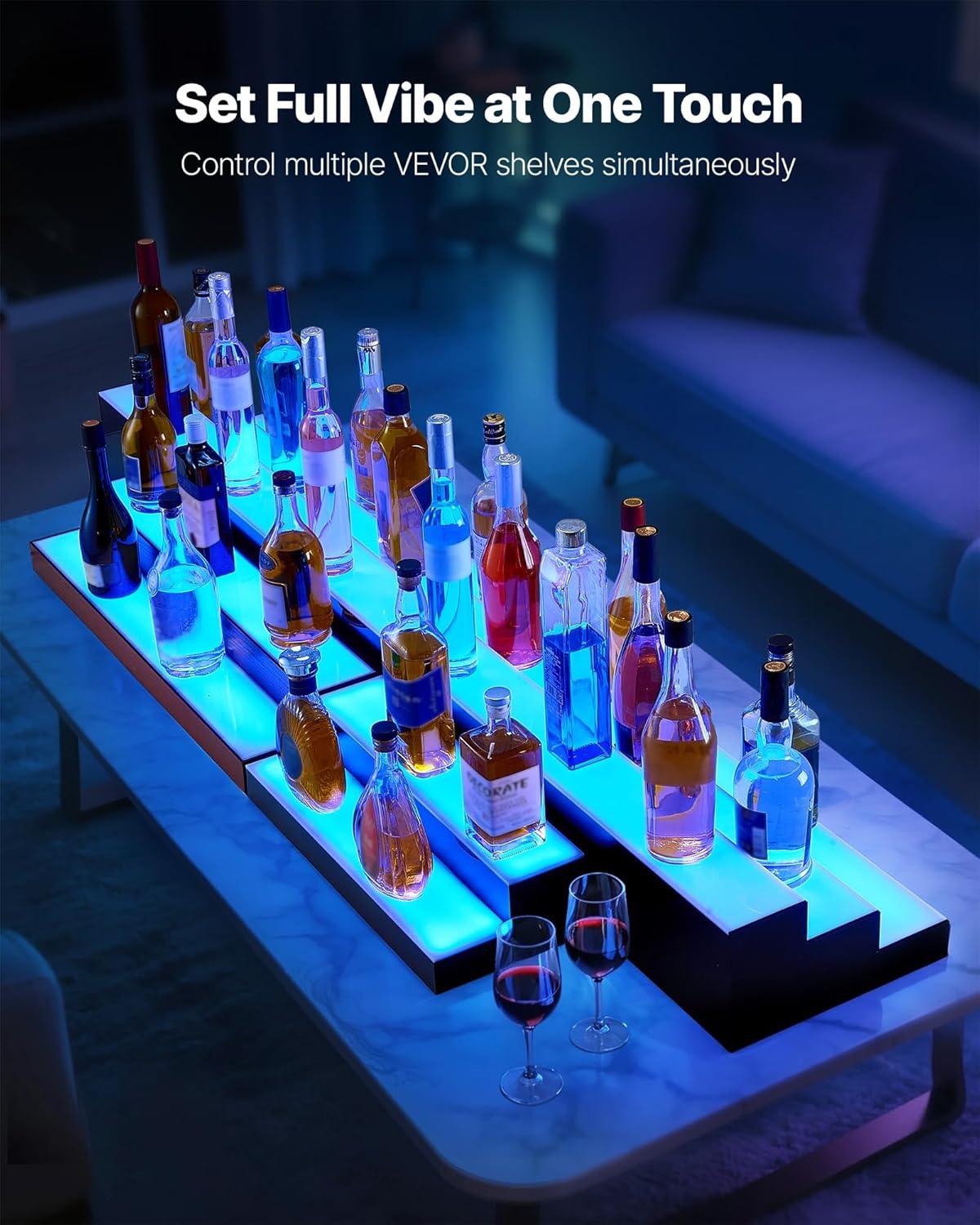 image:imageVEVOR LED Lighted Liquor Bottle Display 3 Tiers 20 Inches Whiskey Rack Supports USB Illuminated Home Bar Shelf with RF Remote amp App Control 9 Static Colors Acrylic Lighted Shelf for 15 Bottles1 Step 60 Inches