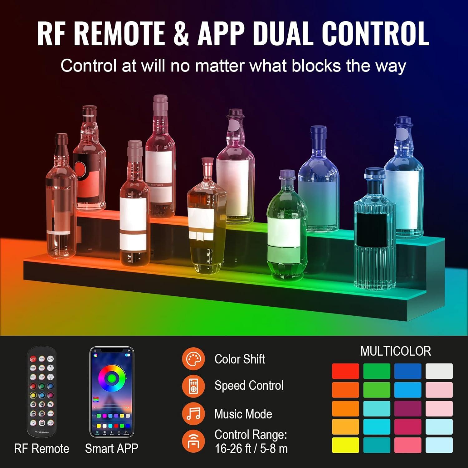 image:imageVEVOR LED Lighted Liquor Bottle Display 3 Tiers 20 Inches Whiskey Rack Supports USB Illuminated Home Bar Shelf with RF Remote amp App Control 9 Static Colors Acrylic Lighted Shelf for 15 Bottles2 Step 40 Inches
