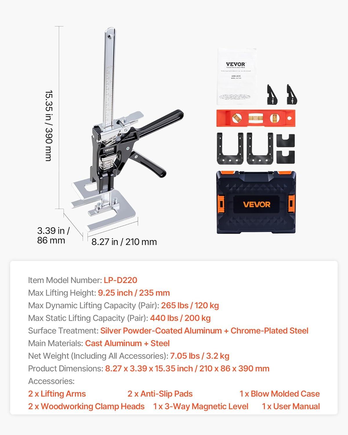 image:imageVEVOR Labor Saving Arm Jack 2 PCS 220 lbs Bearing Capacity Lifting up to 71 Metal Hand Lifting Jack Tool with Magnetic Level Adjustable Height for Door Window Furniture Woodworking SilverXl15inch