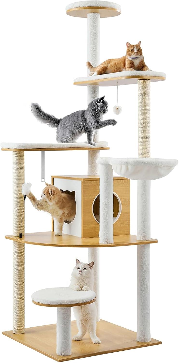 image:imageVEVOR Large Cat Tree 689 inches Tall Cat Tower MultiLevel Cat Condo Furniture Activity Center with Cozy Perches Sisal Scratching Posts Hammock Big Kittens House for Indoor Cats Play amp RestBurly Wood