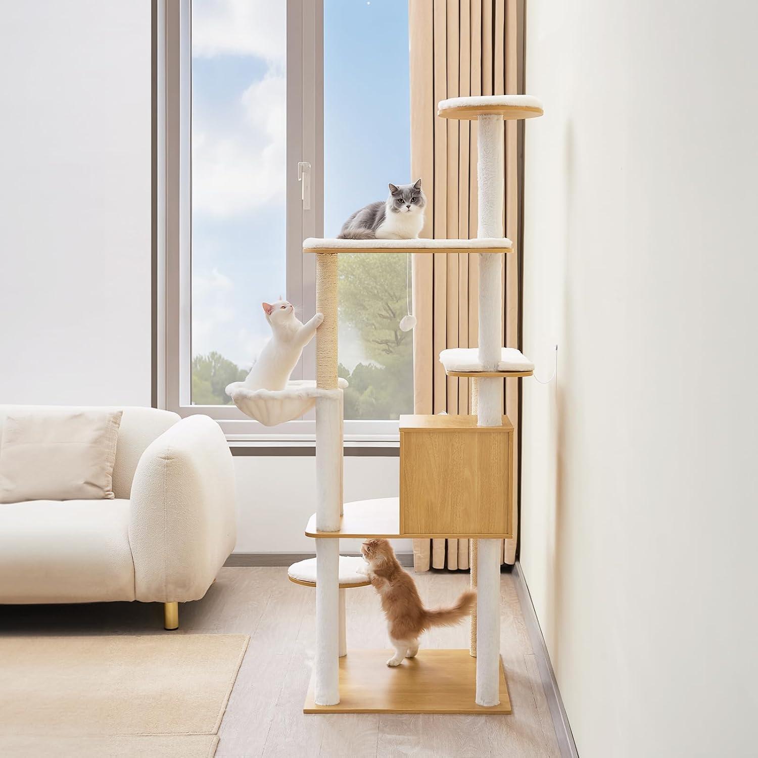 image:imageVEVOR Large Cat Tree 689 inches Tall Cat Tower MultiLevel Cat Condo Furniture Activity Center with Cozy Perches Sisal Scratching Posts Hammock Big Kittens House for Indoor Cats Play amp RestBurly Wood